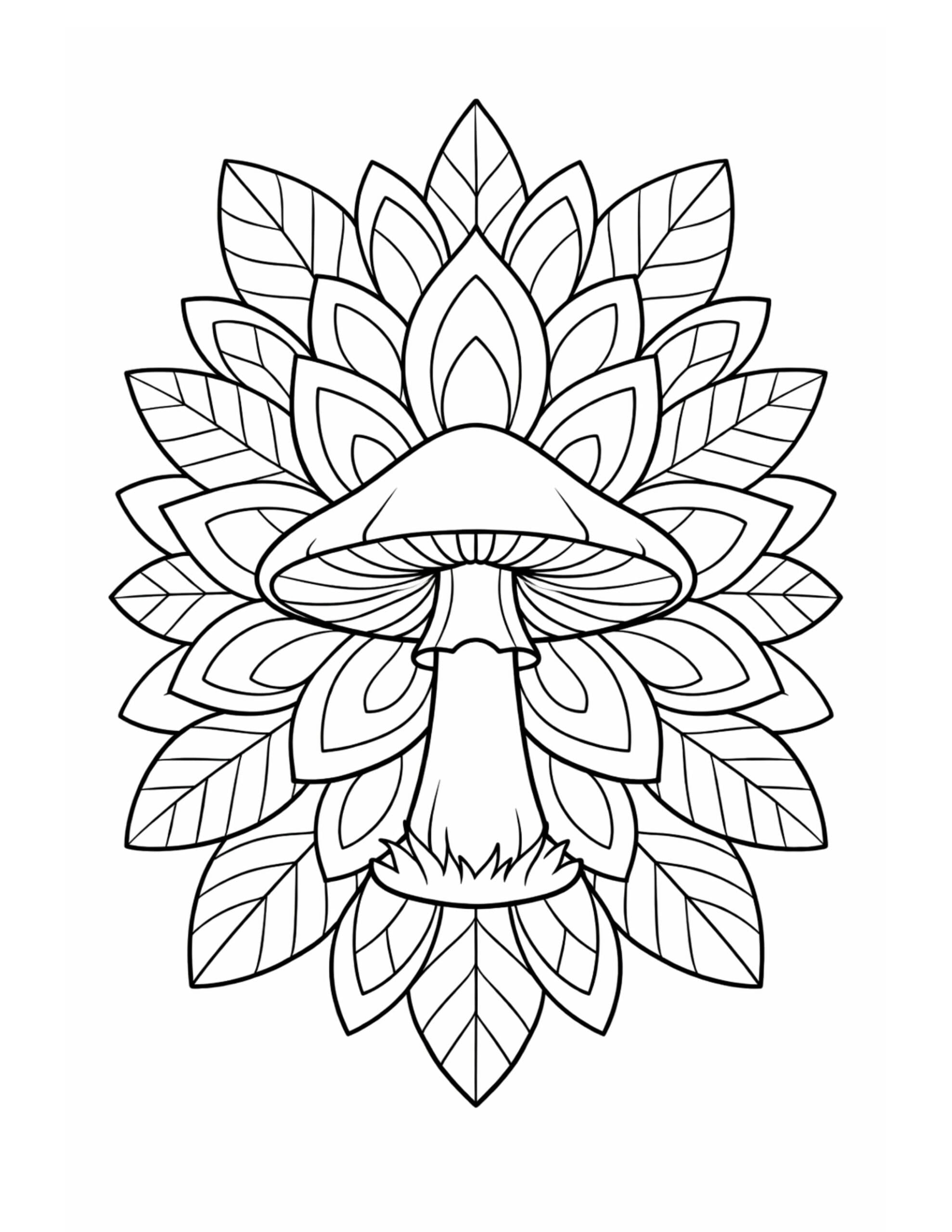 mushroom mandala leaf pattern coloring page with a centered mushroom, layered leaf petals, and bold outlines coloring page
