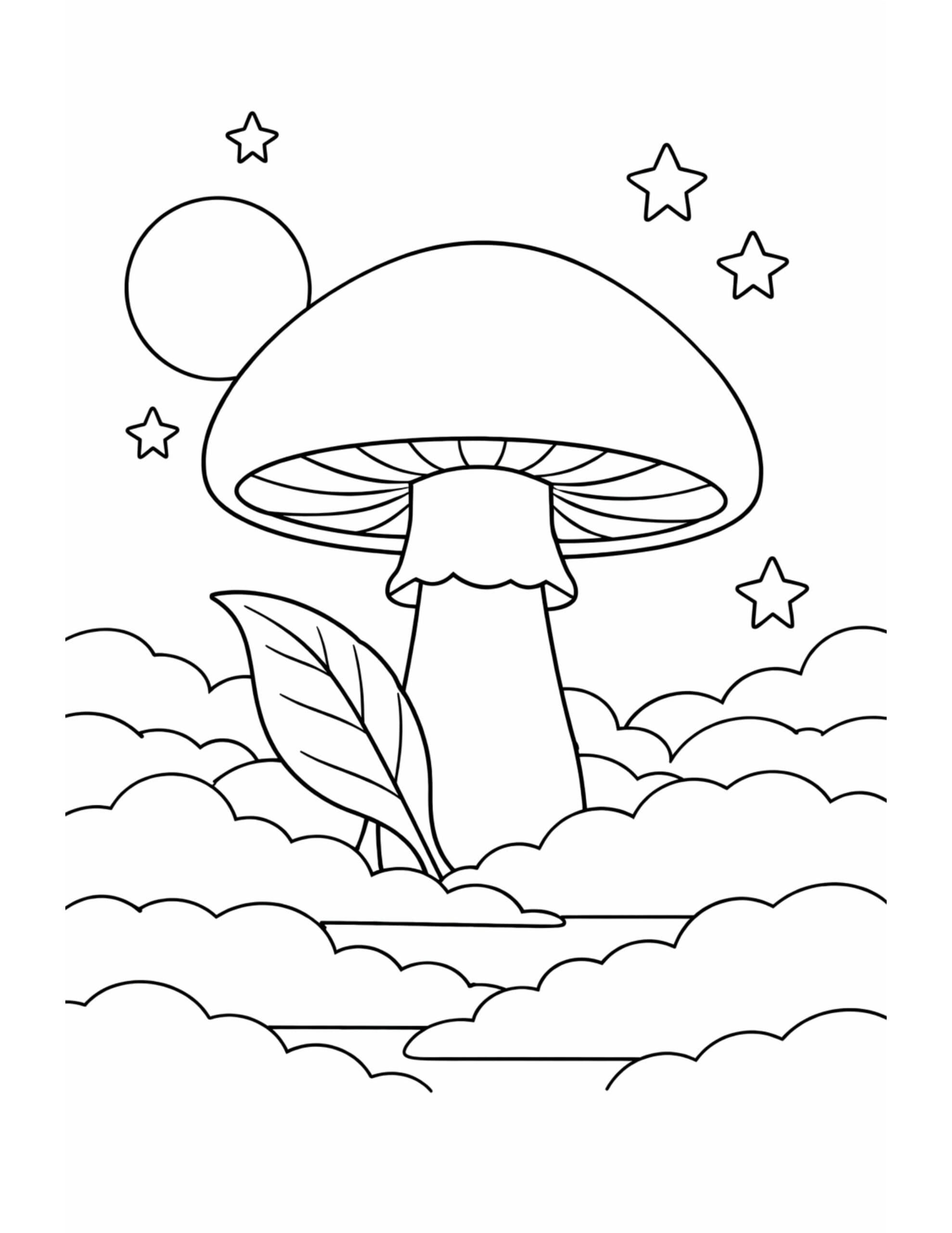 mushroom rising from clouds coloring page with a large mushroom, stars, moon, and fluffy clouds coloring page