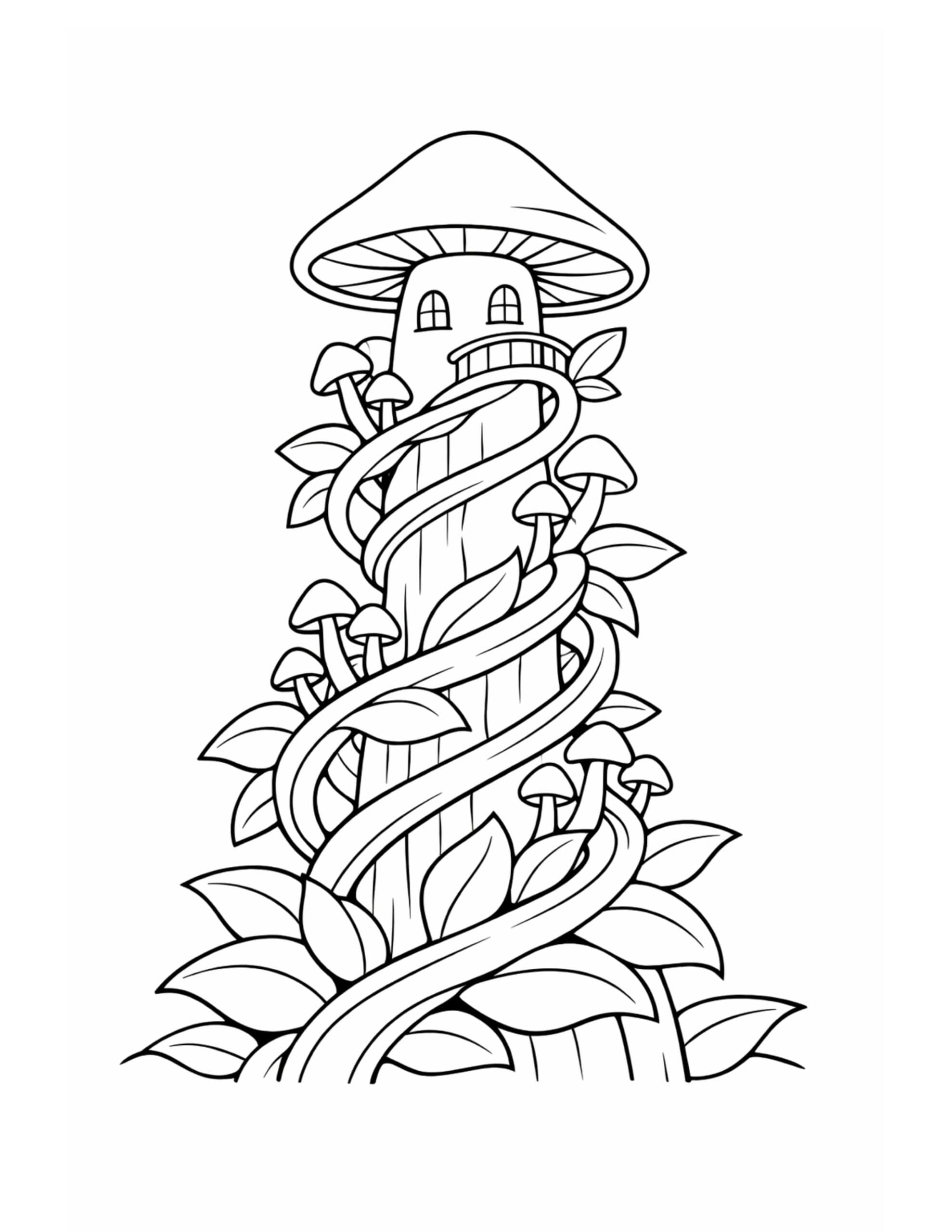 mushroom tower with winding vine coloring page showing a tall mushroom tower wrapped in vines with leaves and small mushrooms coloring page
