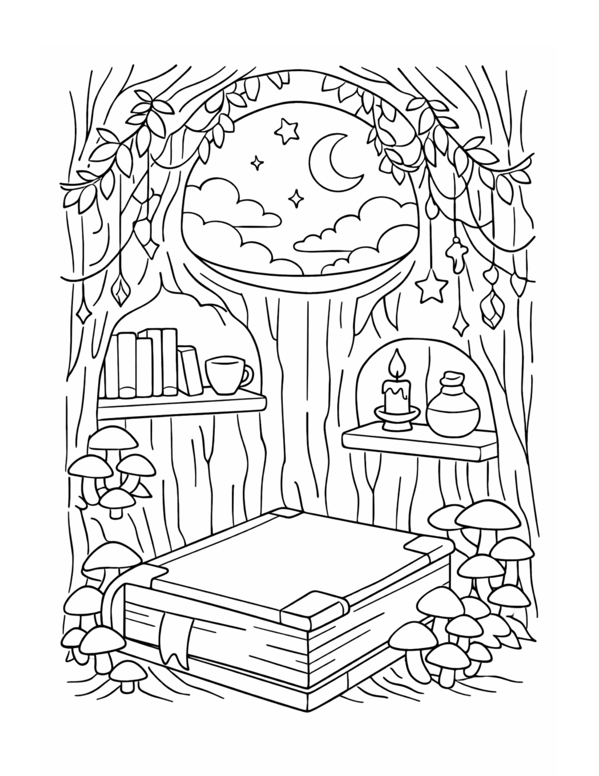 mushroom treehouse reading nook coloring page inside a tree with books, candle, moon window, and mushrooms coloring page