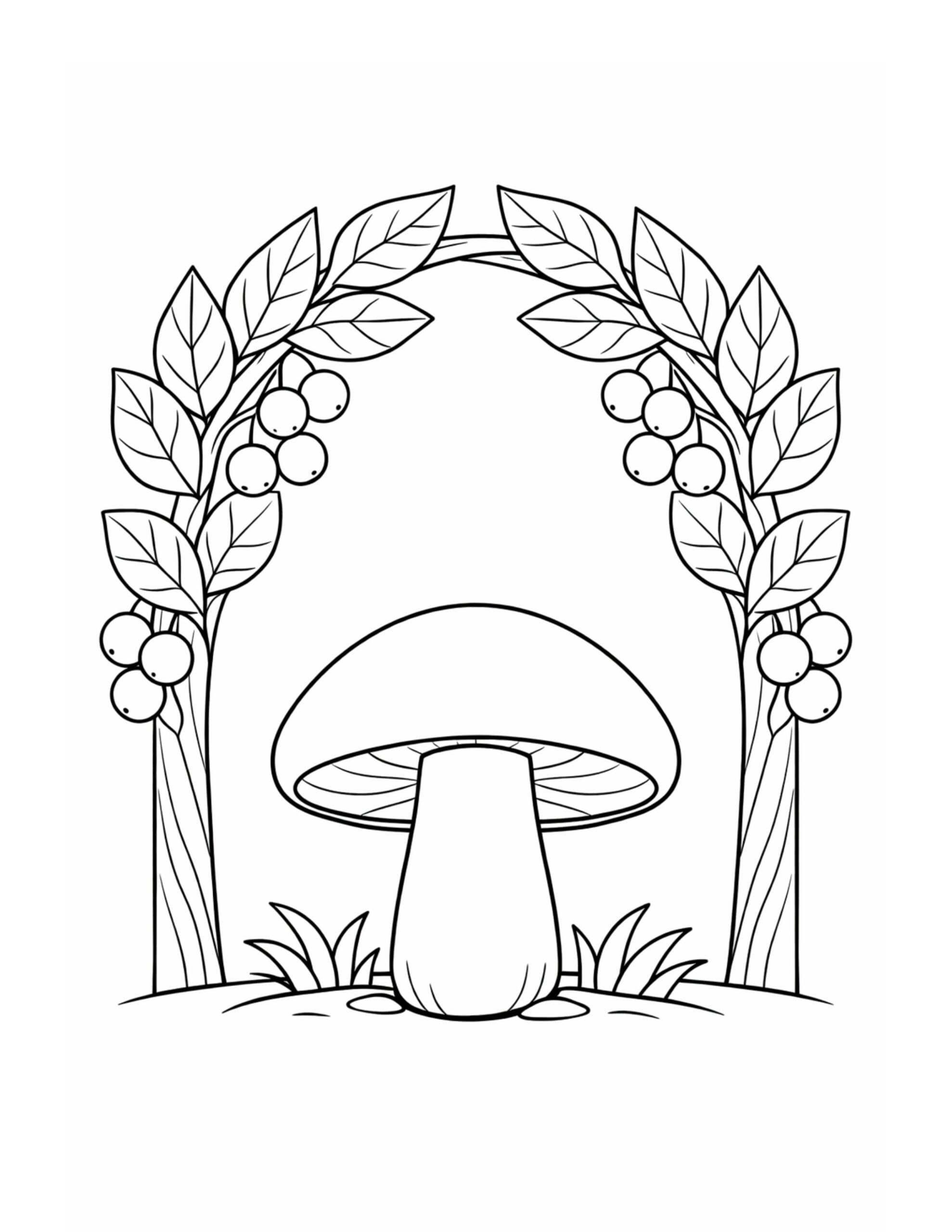 mushroom under berry leaf arch coloring page with a centered mushroom, leafy arch, and berry clusters coloring page