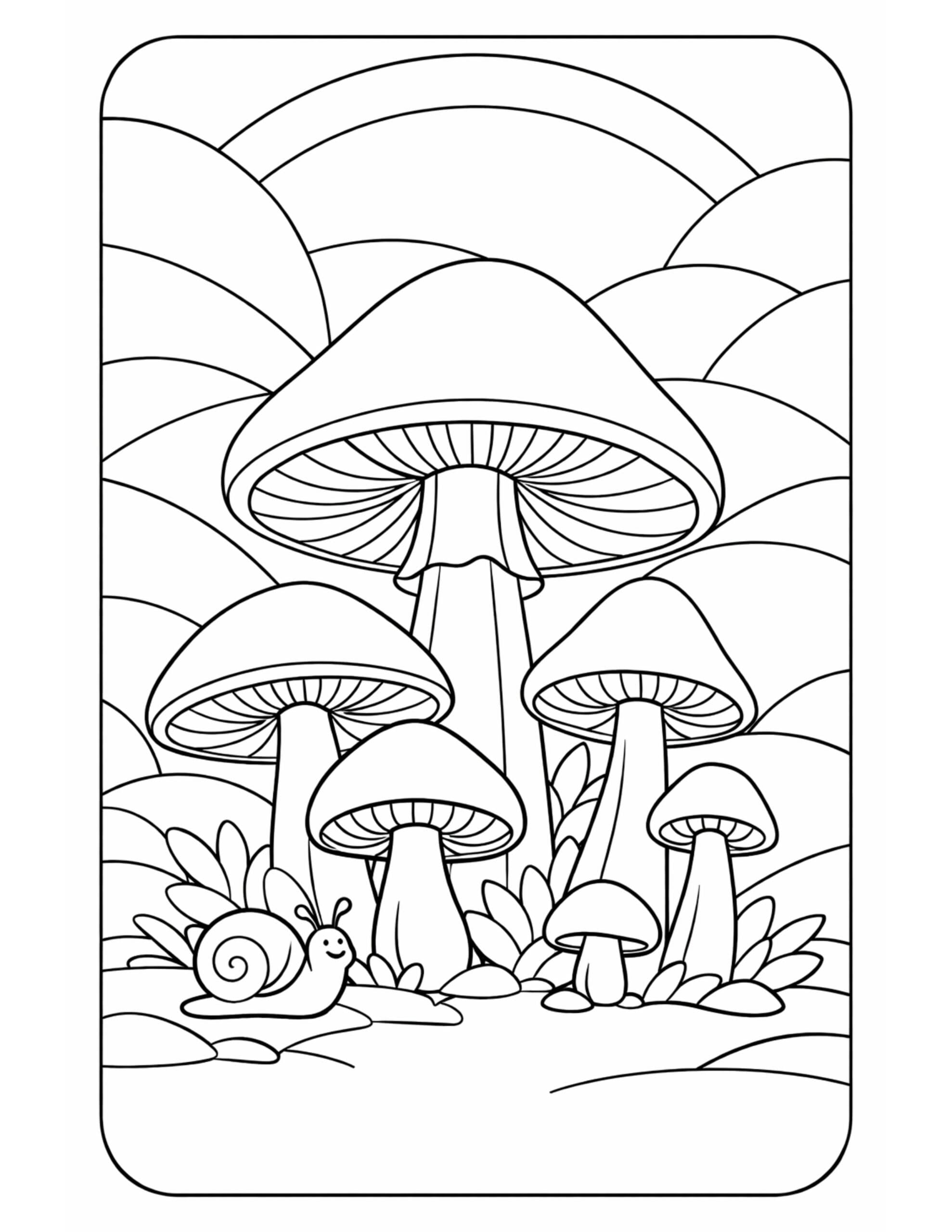 mushrooms with rainbow and snail coloring page with big mushroom caps, hills, and a smiling snail coloring page