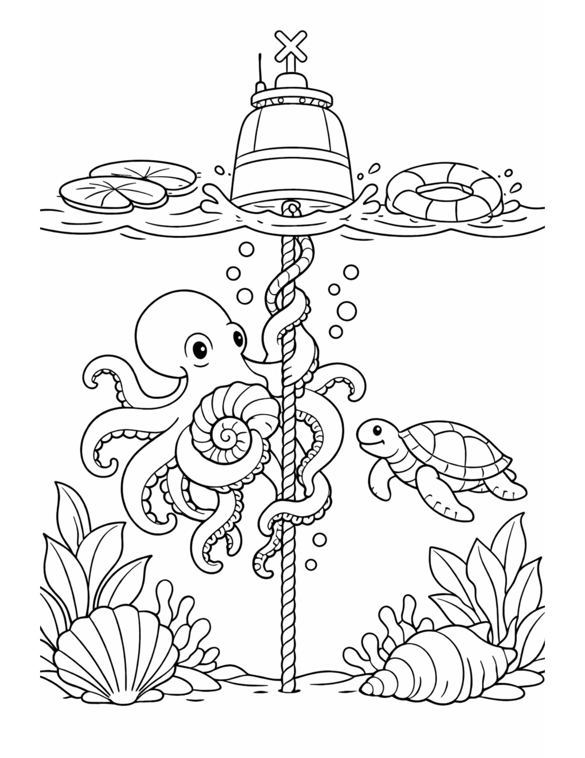 octopus climbing buoy rope coloring page with a buoy above water, bubbles, a turtle, and seabed shells coloring page