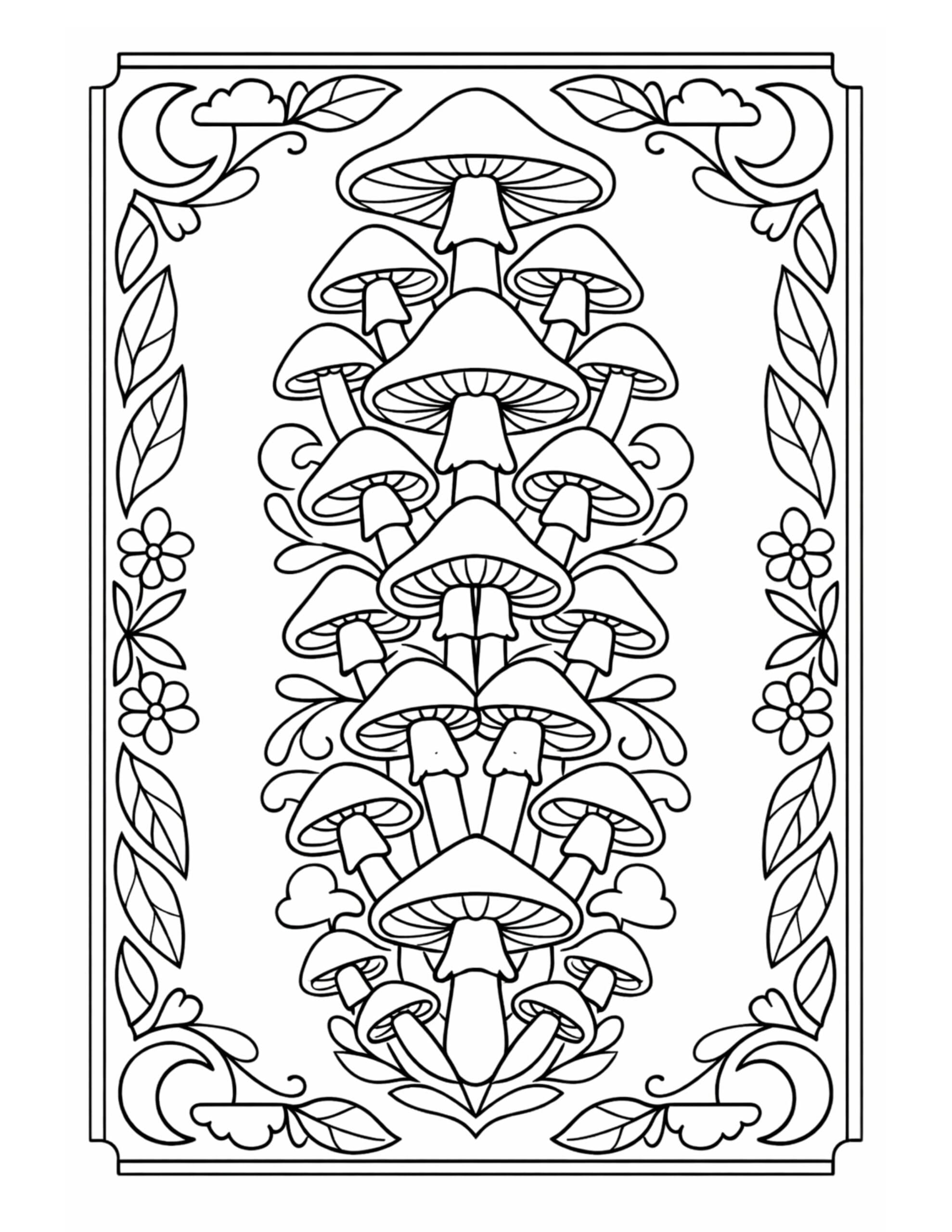 ornate mushroom column framed illustration coloring page with decorative border coloring page