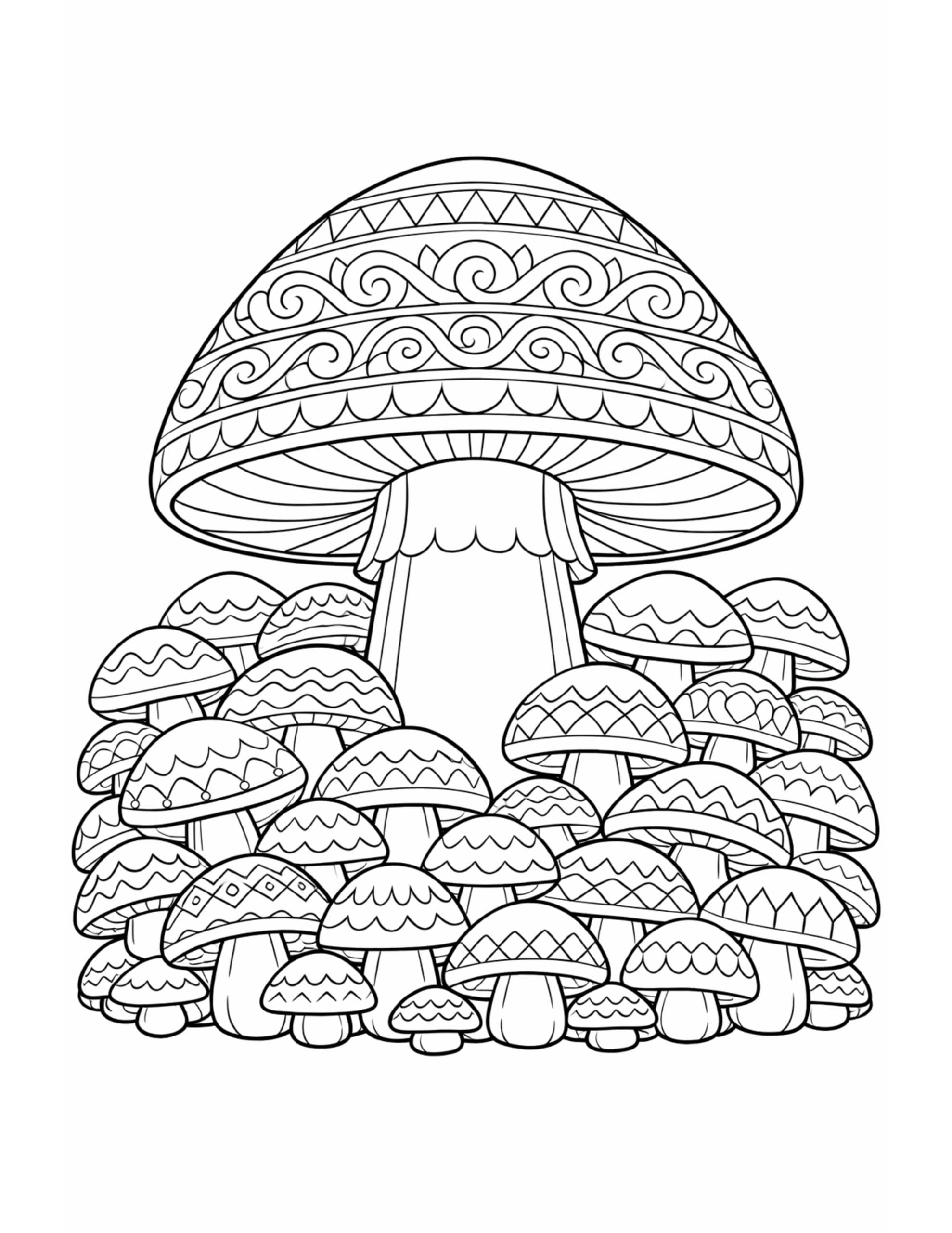 ornate patterned mushroom cluster coloring page featuring a large ornate cap above many patterned mushrooms coloring page