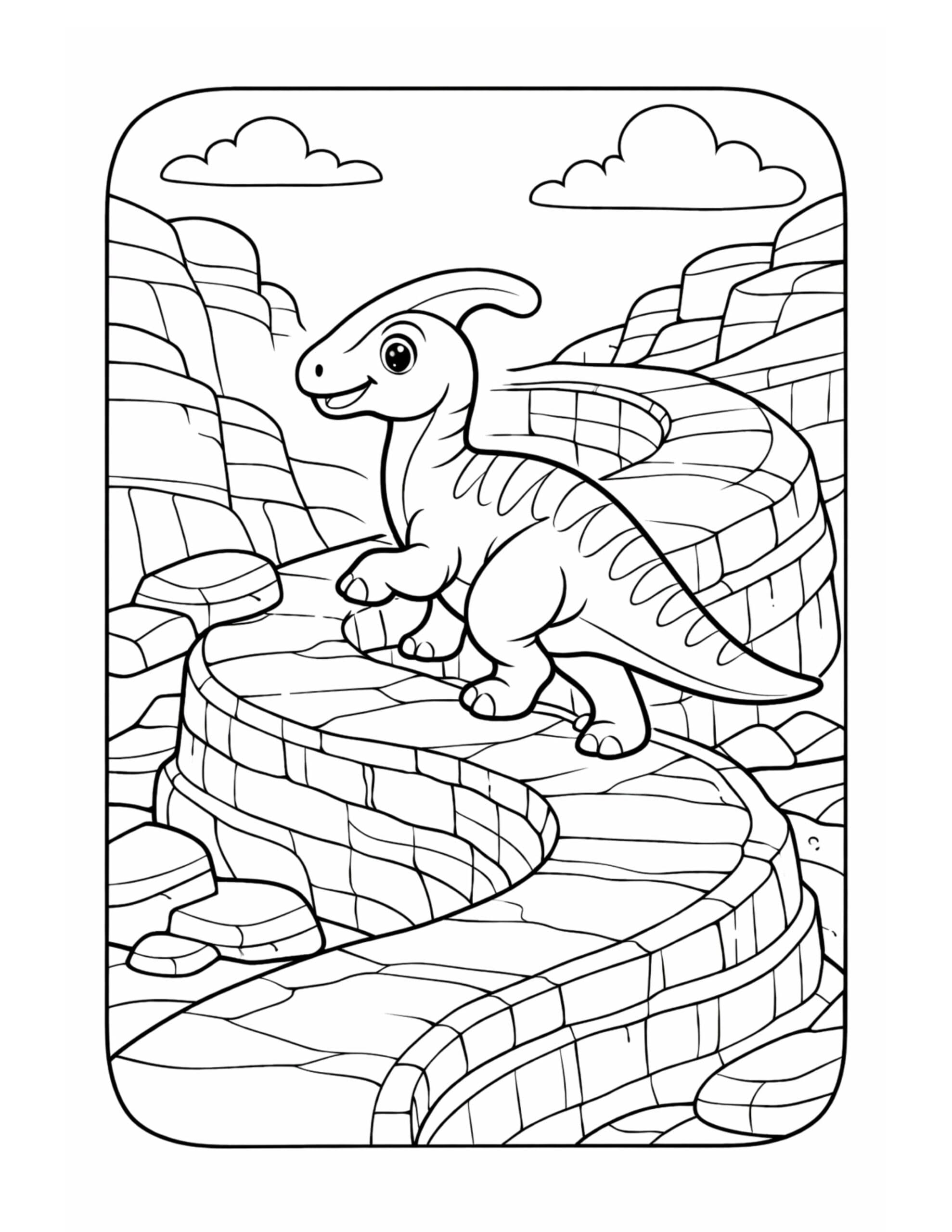 Parasaurolophus walking along canyon path coloring page showing a smiling dinosaur on a winding rocky trail