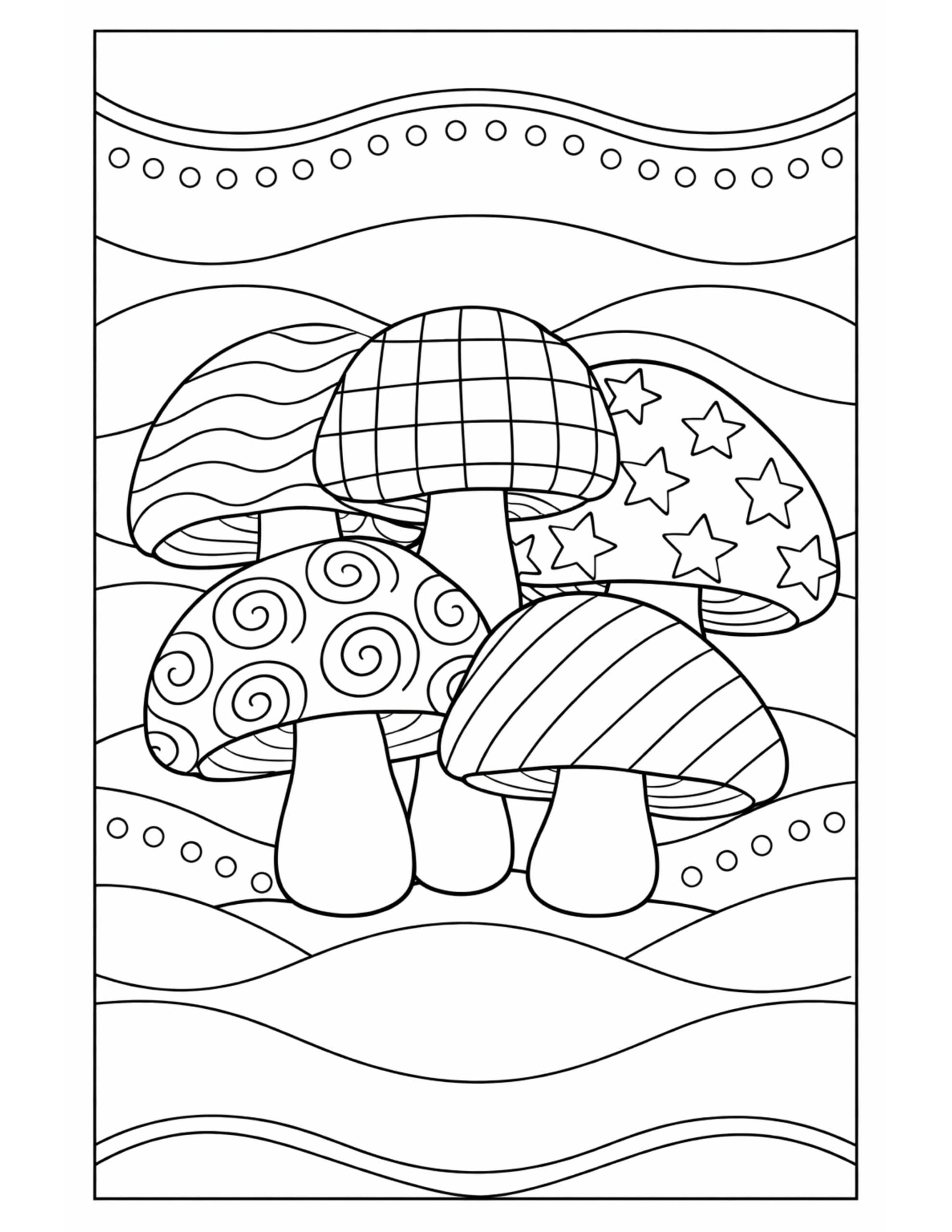 patterned mushrooms in wavy landscape coloring page with decorative caps and flowing background coloring page