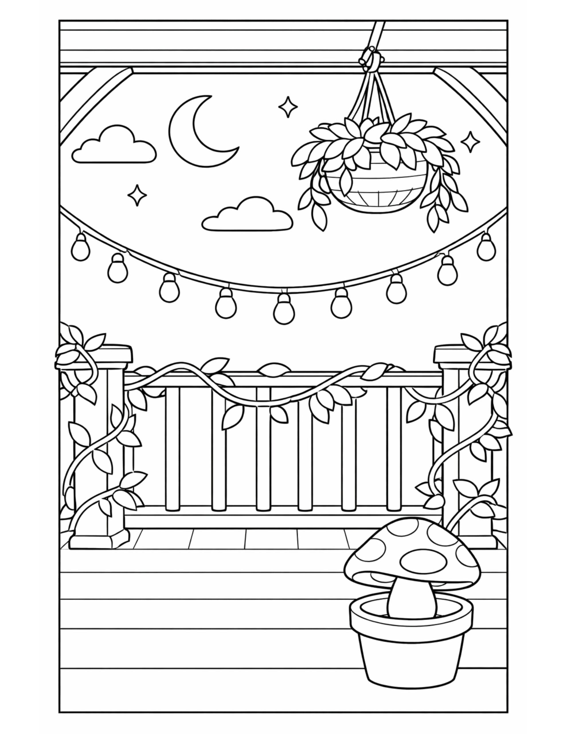 potted mushroom on moonlit balcony coloring page with hanging plant, vine railing, string lights, clouds, and moon coloring page