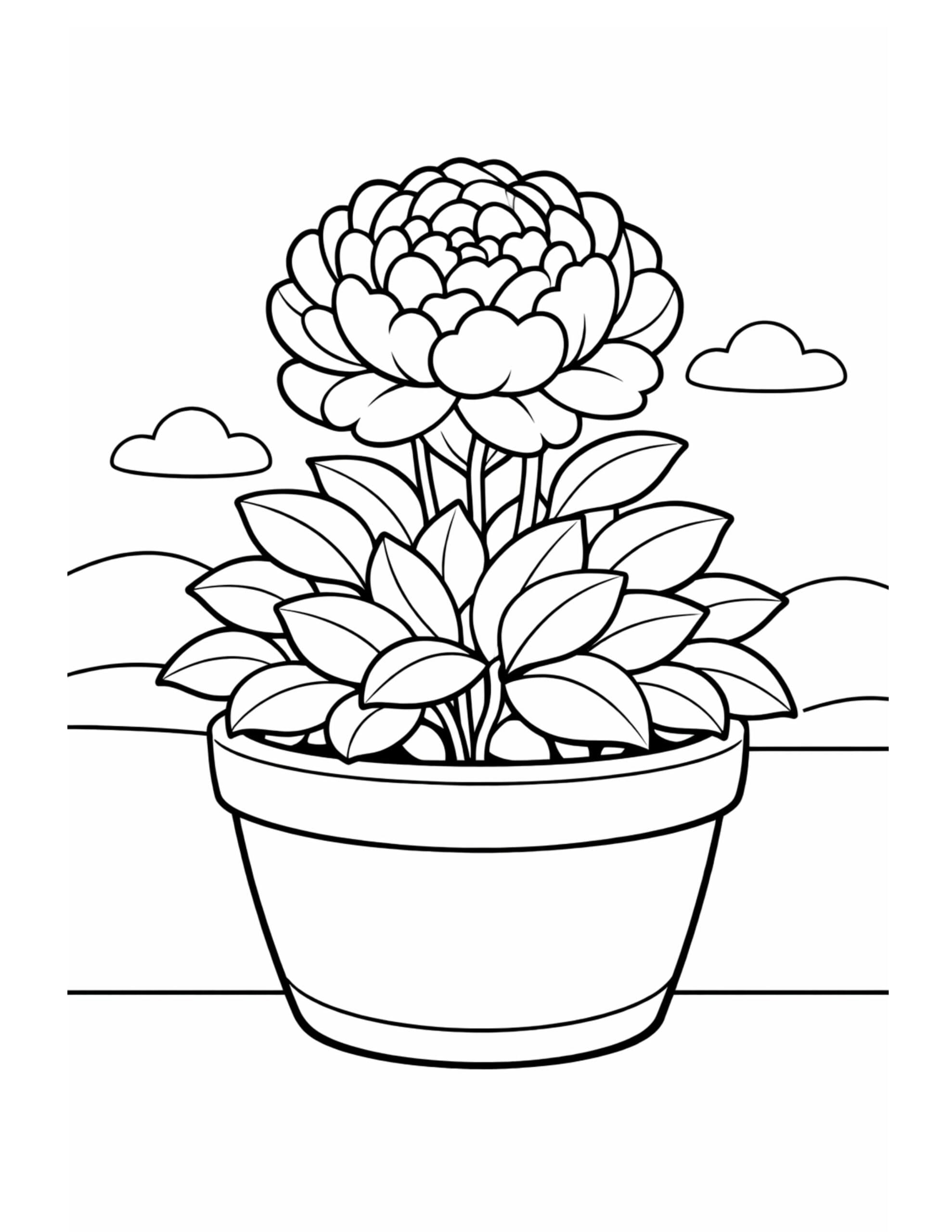 potted peony with leafy foliage coloring page in a simple pot with clouds in the background coloring page