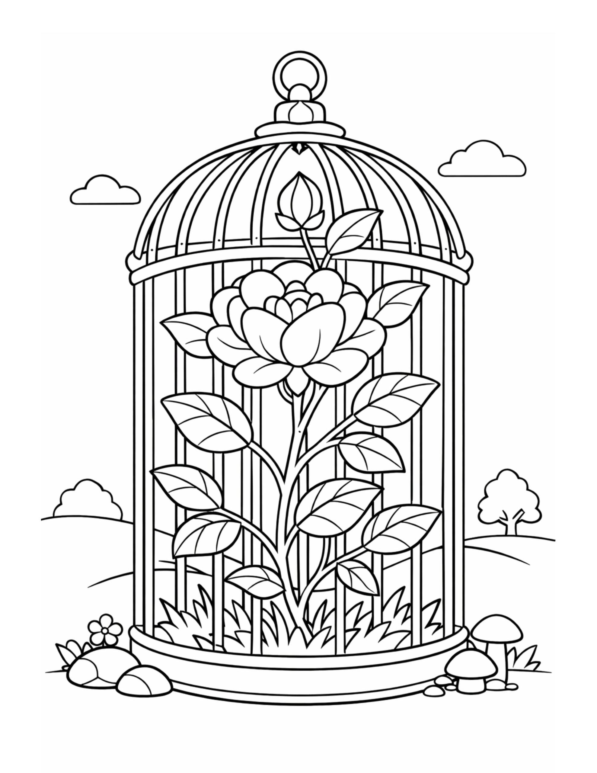 rose inside birdcage garden coloring page featuring a domed cage, leafy rose, clouds, and mushrooms coloring page