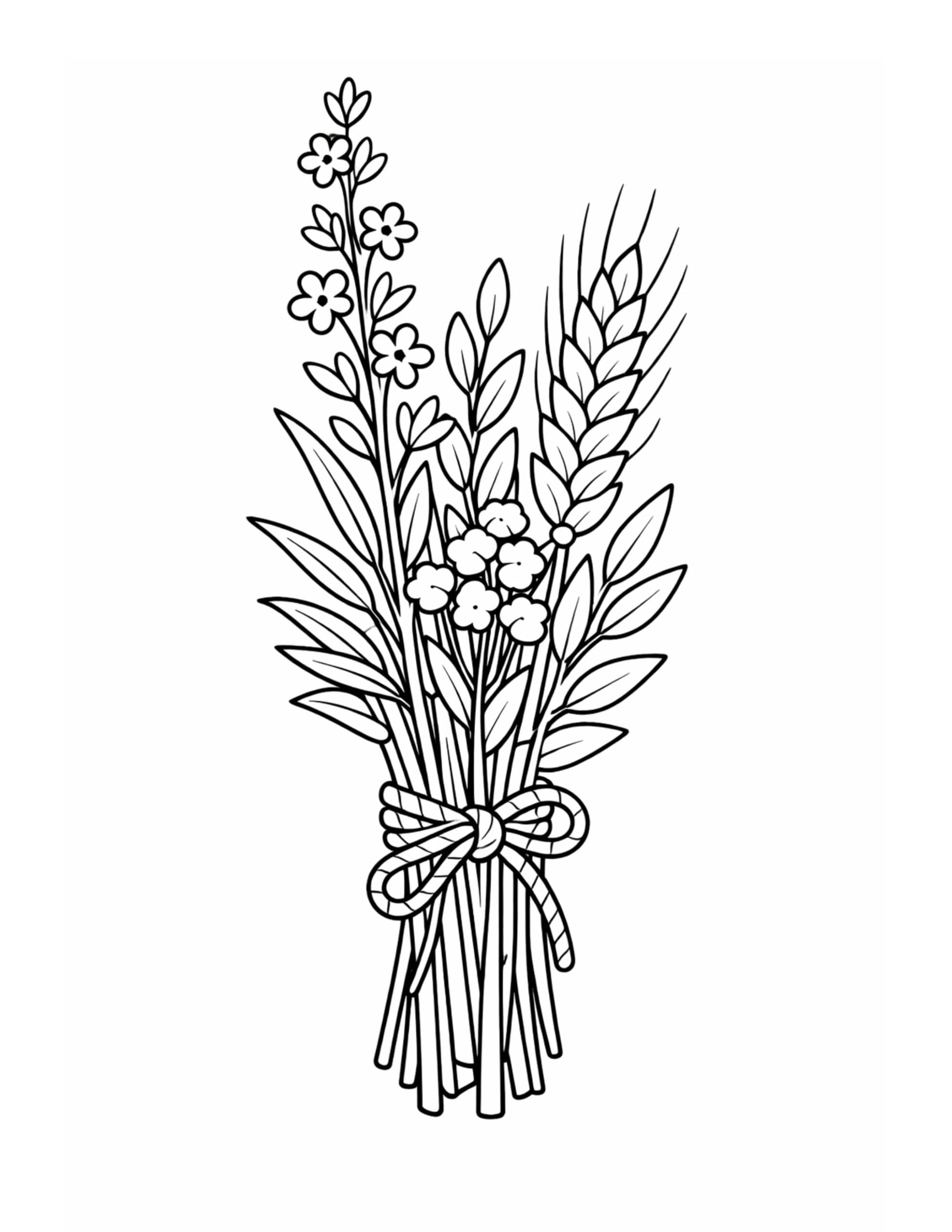 rustic wildflower bundle with wheat coloring page featuring tied stems, leafy sprigs, and small blossoms coloring page