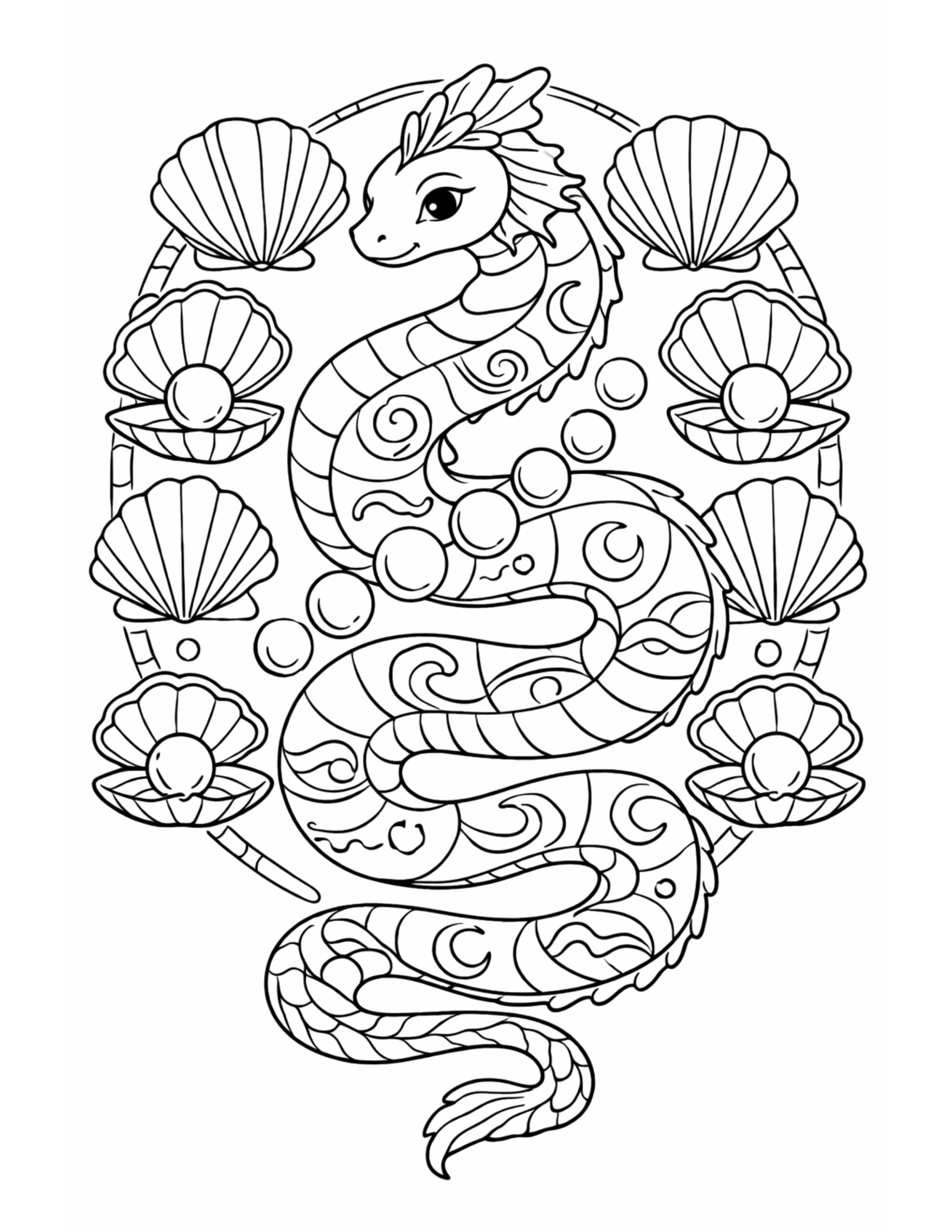 sea dragon with pearl shells coloring page featuring a curled sea dragon, bubbles, and pearl seashells coloring page