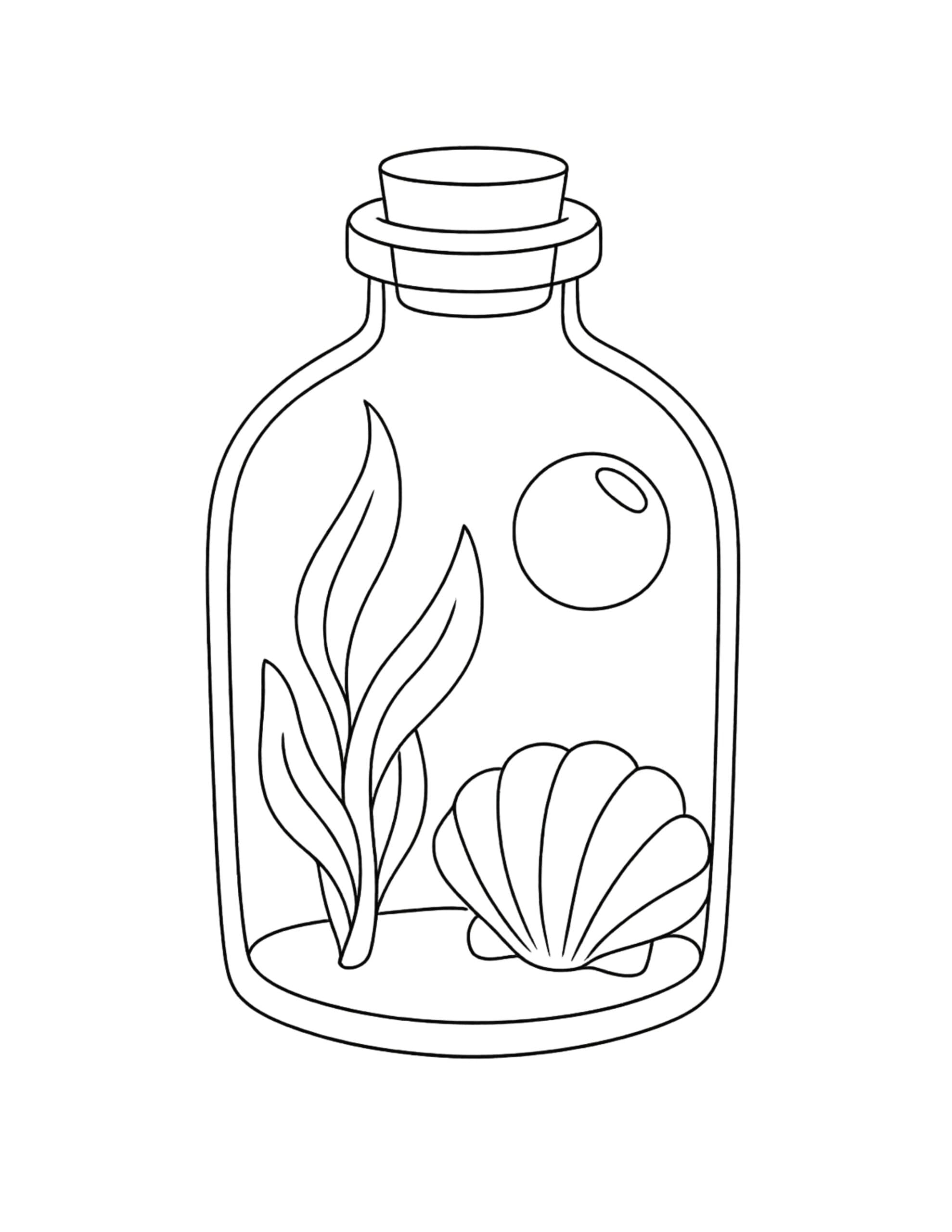 seashell and seaweed in bottle coloring page showing a corked jar with a bubble
