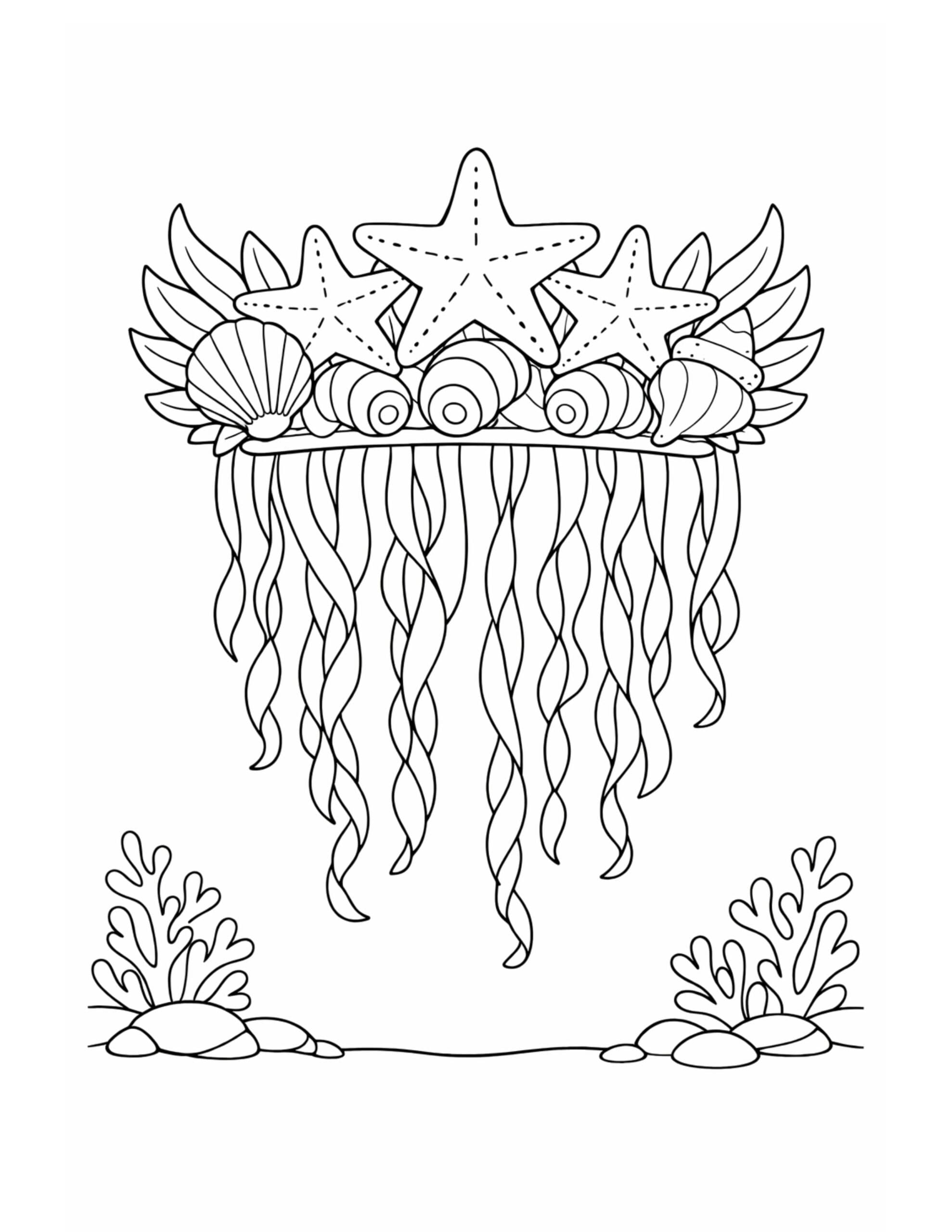 seashell crown with starfish coloring page featuring shells starfish and flowing seaweed coloring page