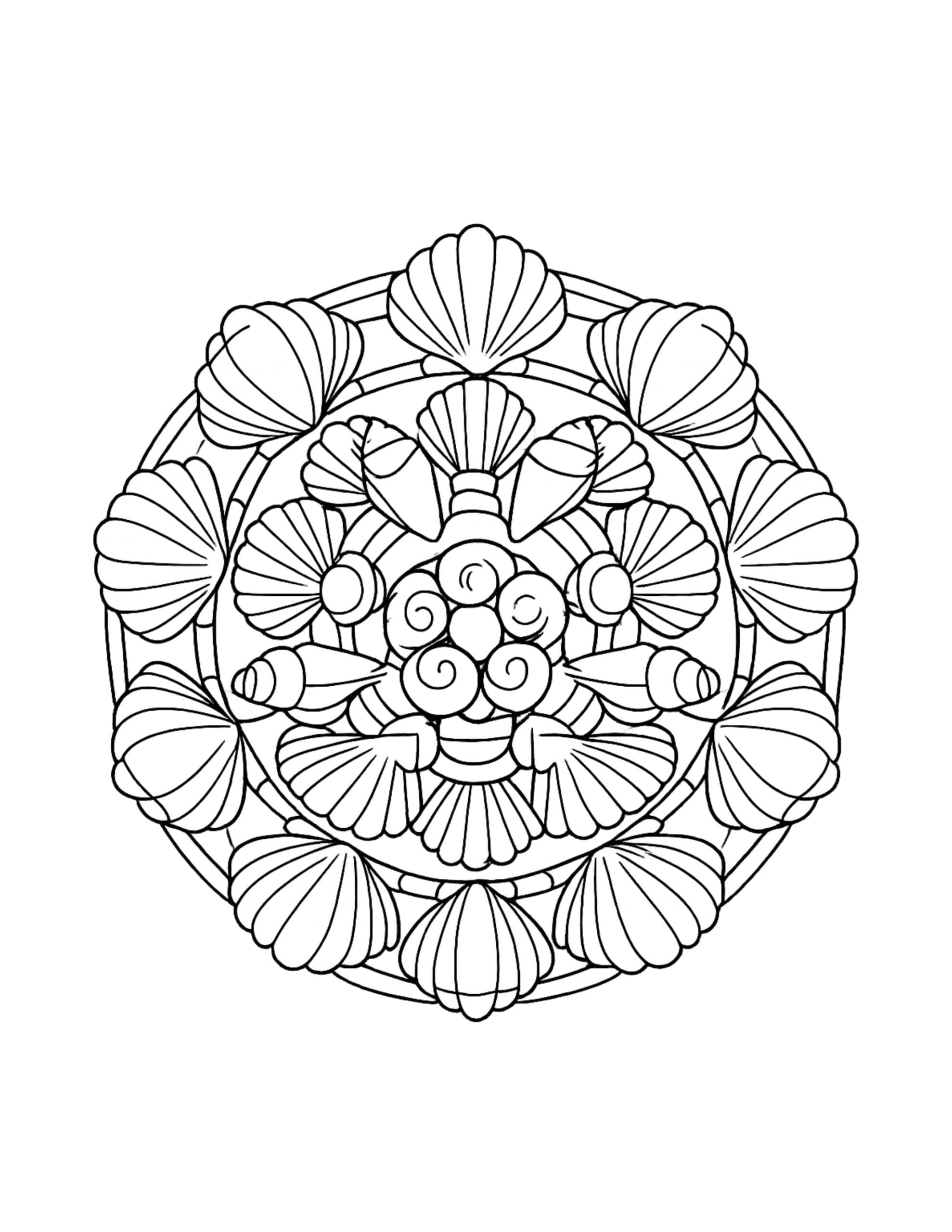 seashell mandala circle pattern coloring page with layered shells, rings, and a spiral center coloring page