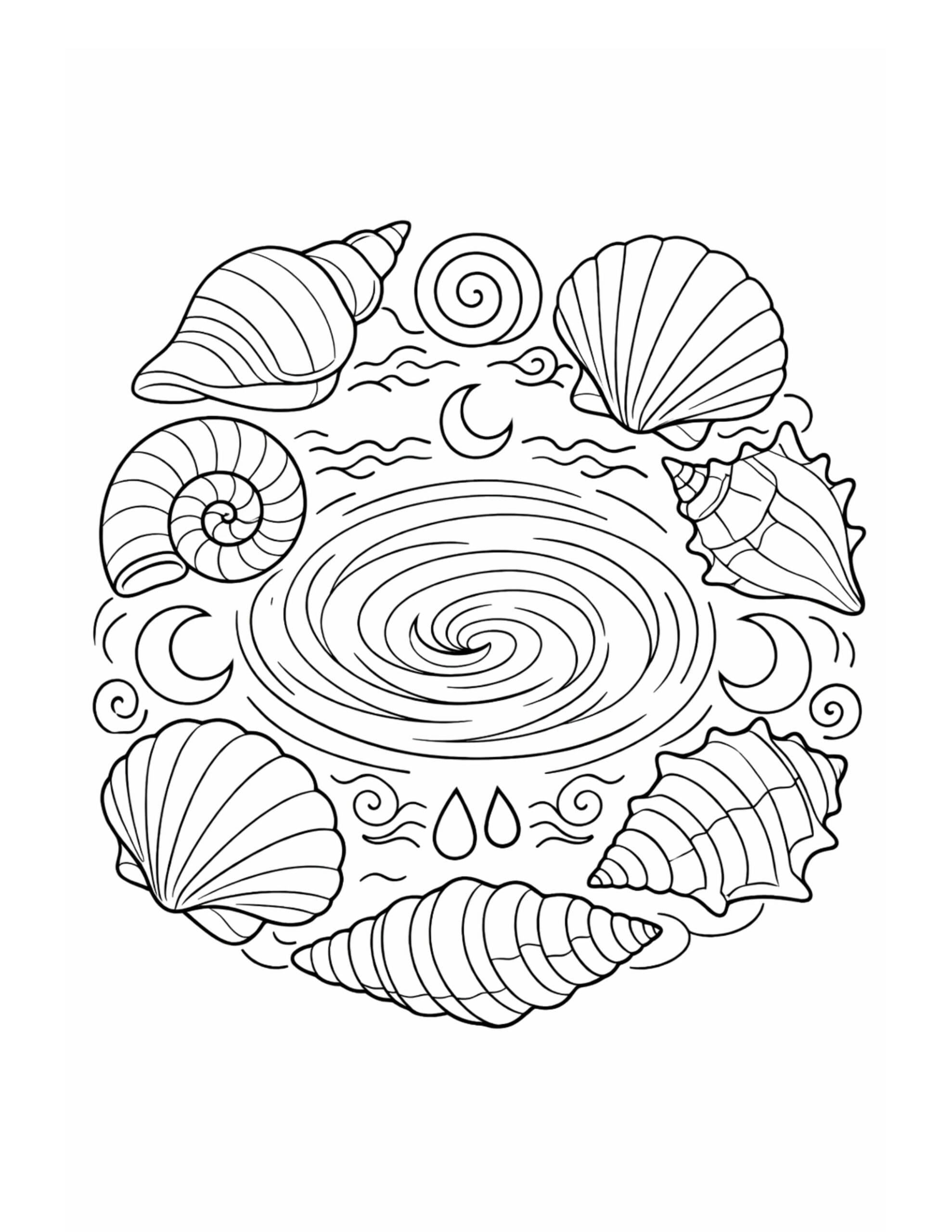 seashells around ocean whirlpool coloring page with a spiral swirl center, shells around it, and small moon icons coloring page
