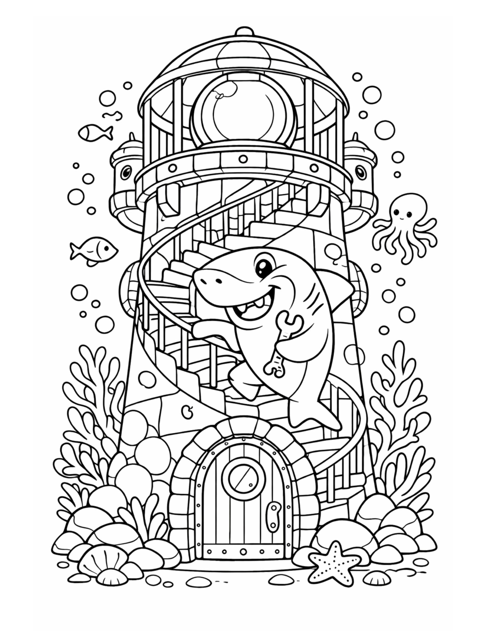 shark climbing a lighthouse staircase coloring page with a smiling shark holding a wrench underwater coloring page