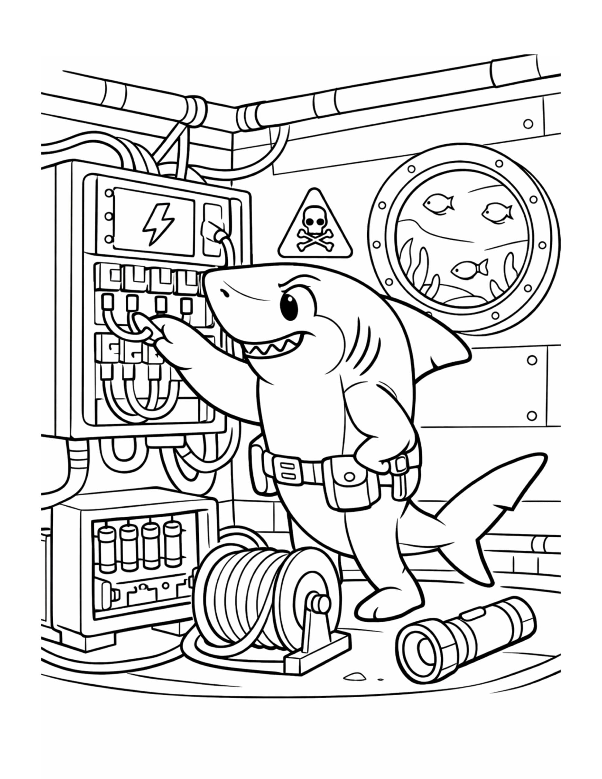 shark fixing control panel coloring page inside an underwater mechanical room coloring page