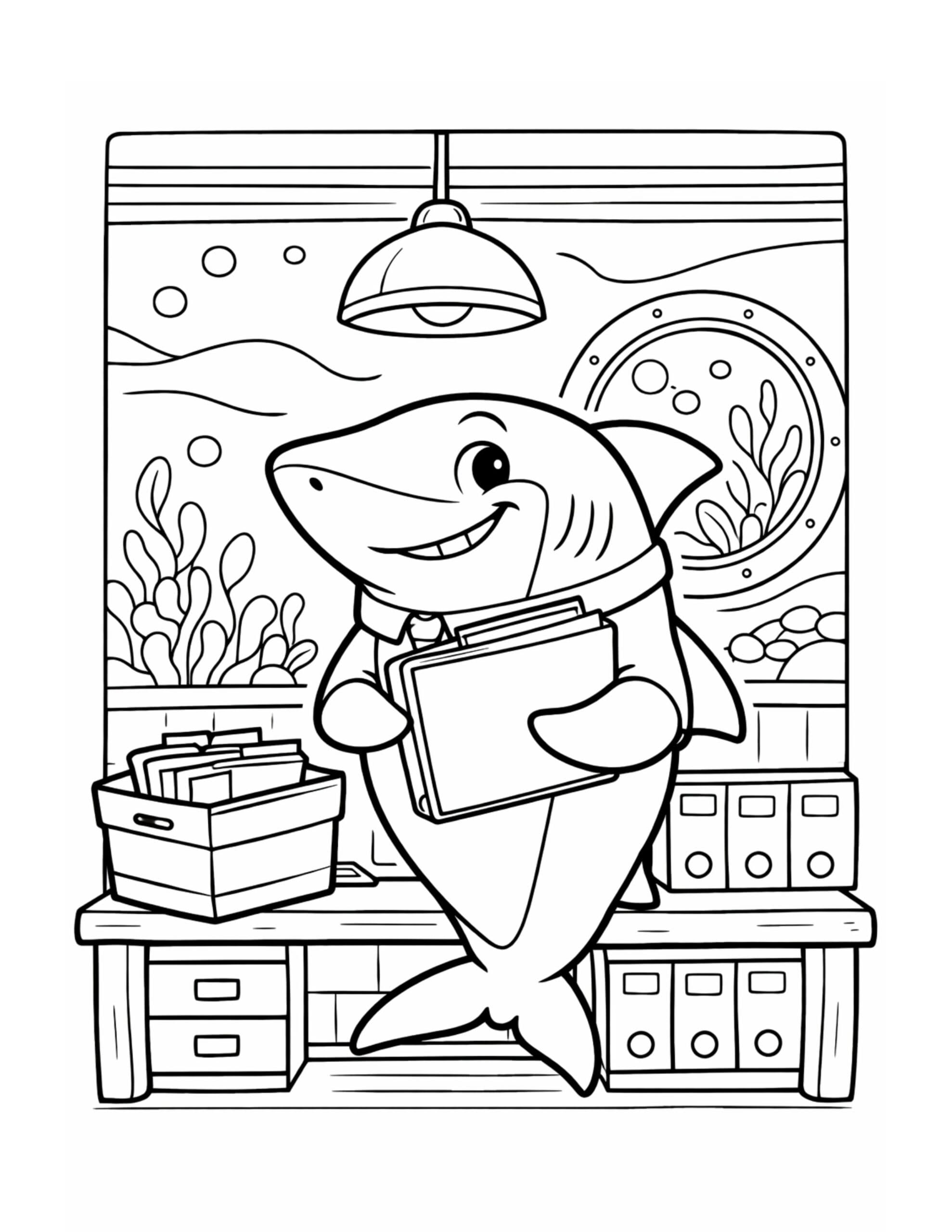 shark holding office files coloring page showing a smiling shark in an underwater office coloring page