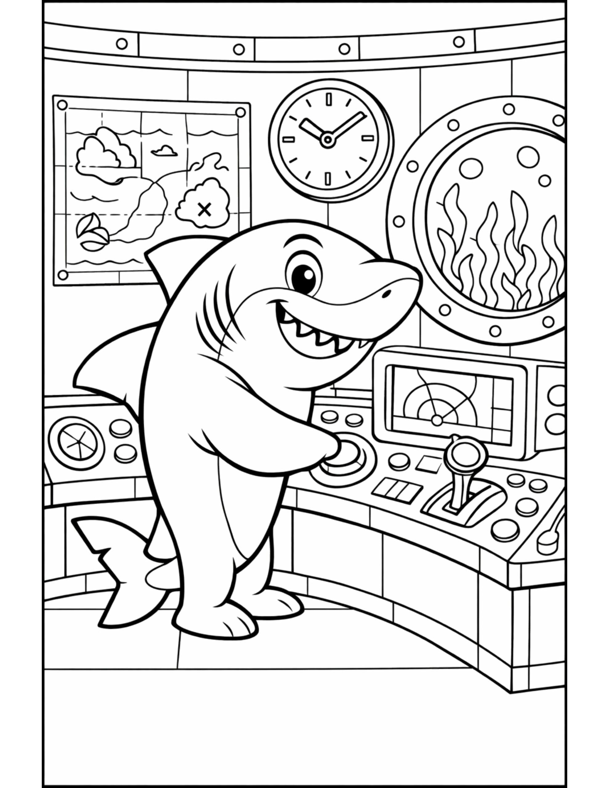 shark operating submarine controls coloring page showing a smiling shark inside a submarine cockpit coloring page