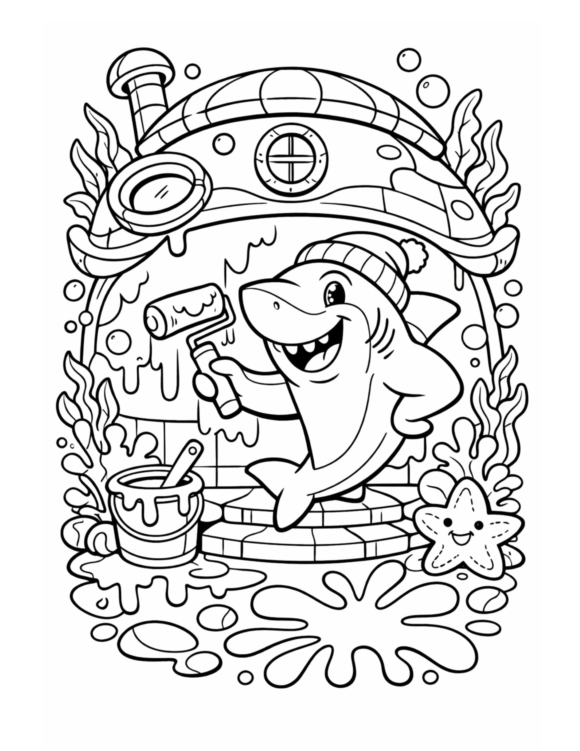 shark painting an underwater house coloring page with a smiling shark in a beanie using a paint roller