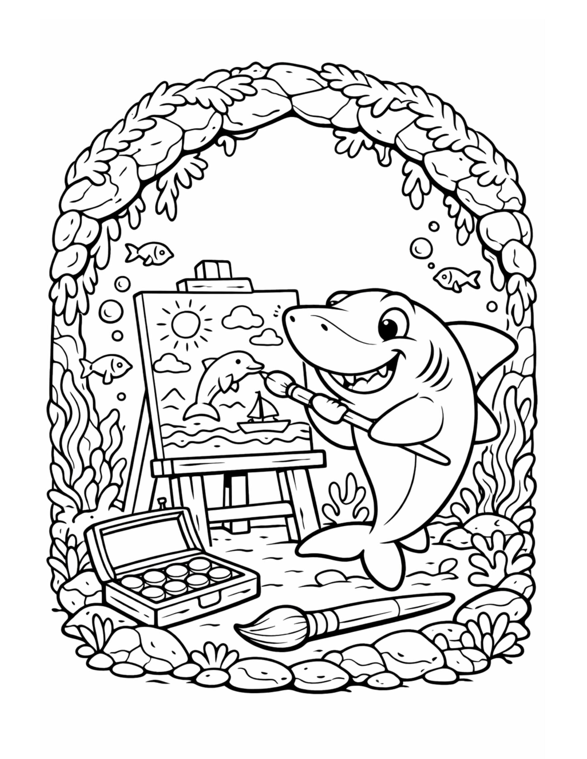 shark painting on an easel coloring page with a smiling shark creating art underwater coloring page