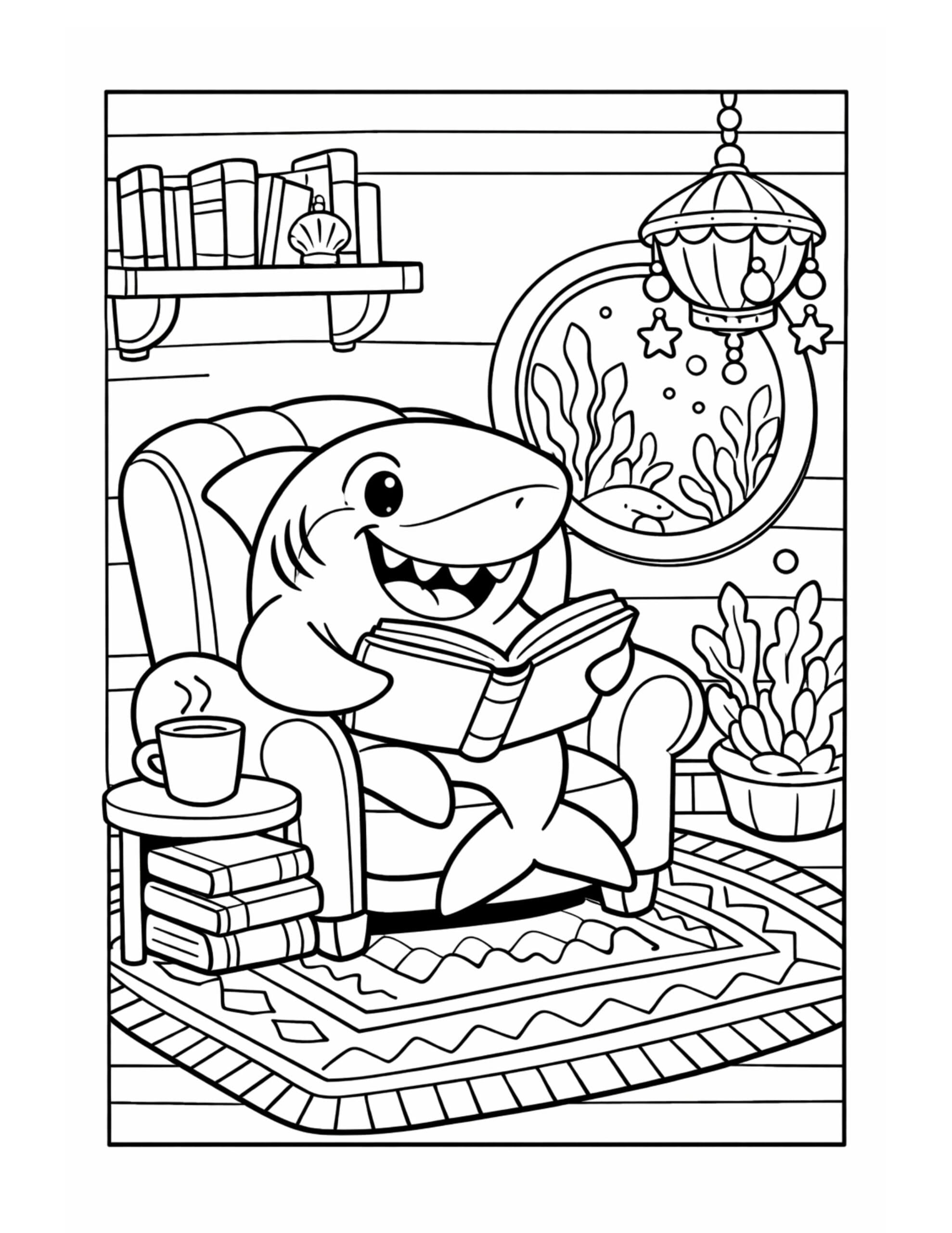 shark reading book in armchair coloring page in a cozy room with coffee, rug patterns, and plants coloring page