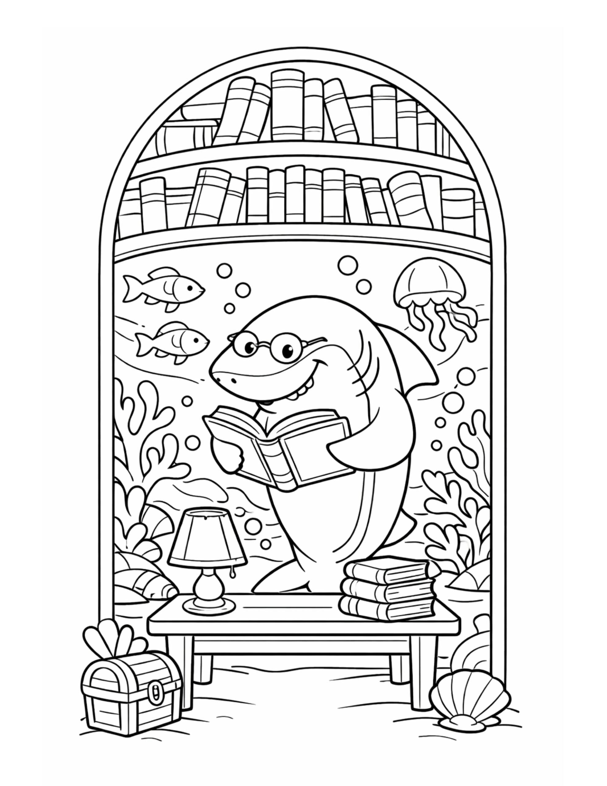 shark reading in underwater library coloring page with glasses, bookshelves, fish, and a desk lamp