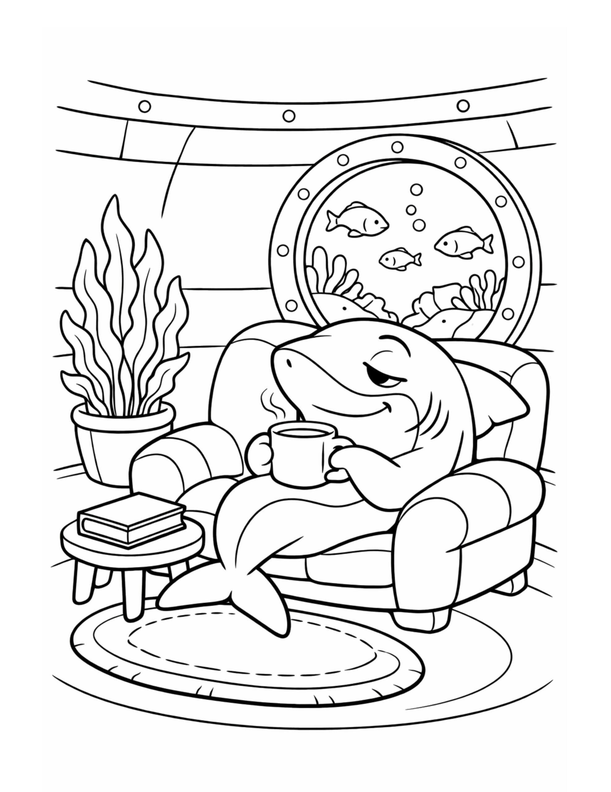 shark sipping tea on chair coloring page with a cozy armchair, mug, and porthole window scene coloring page