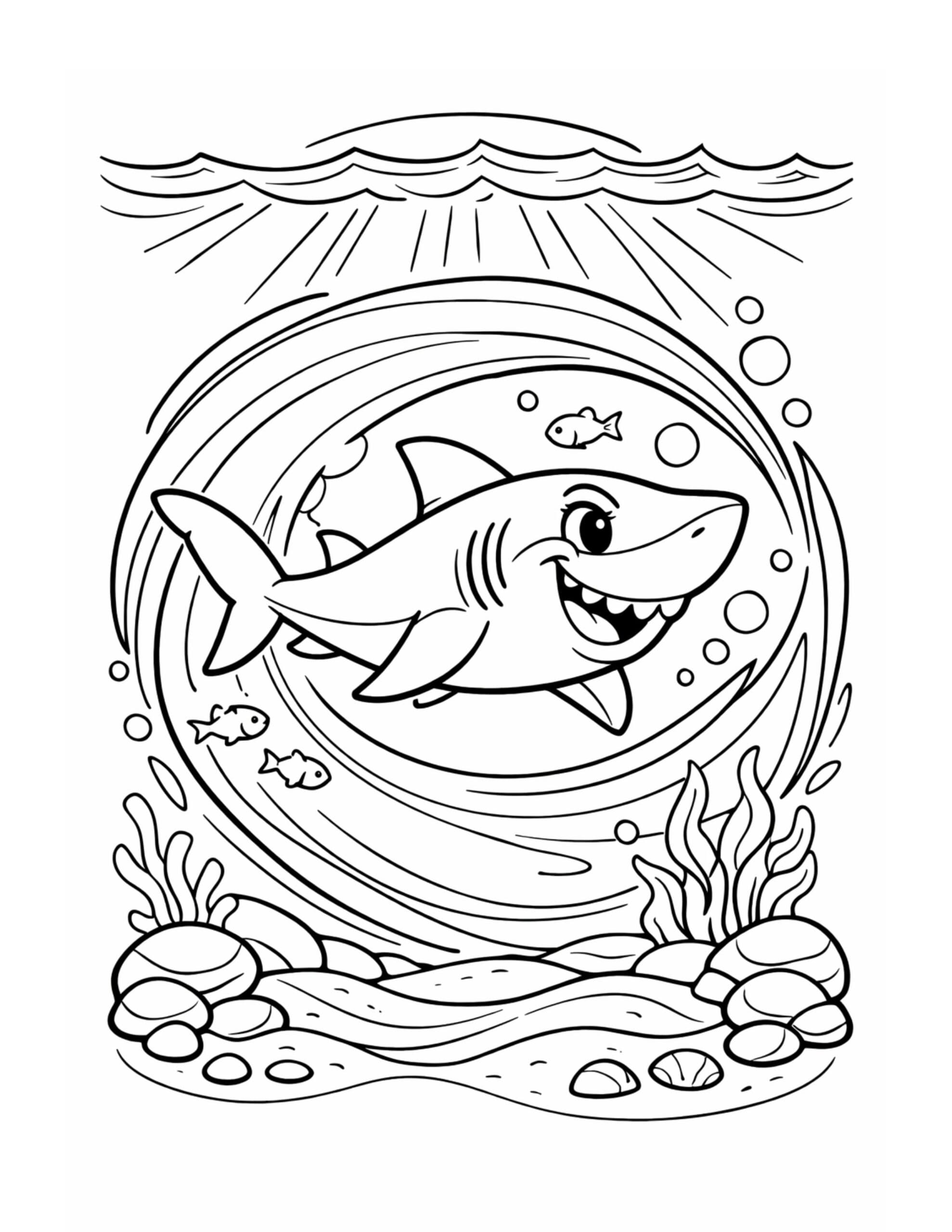 shark swimming in ocean swirl coloring page with smiling shark, fish, bubbles, and curved water motion coloring page