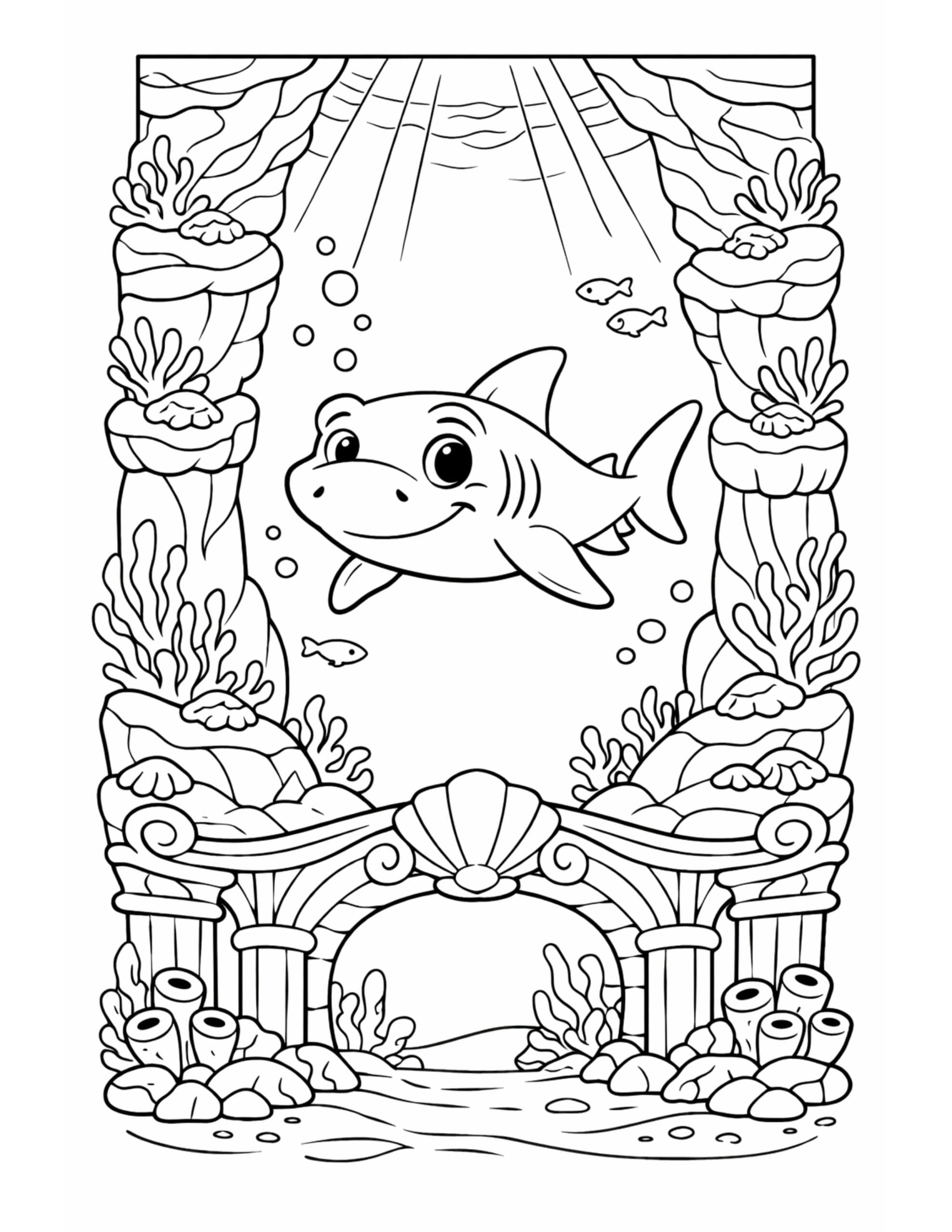 shark swimming through underwater ruins coloring page featuring sea columns, coral, shells, and sun rays