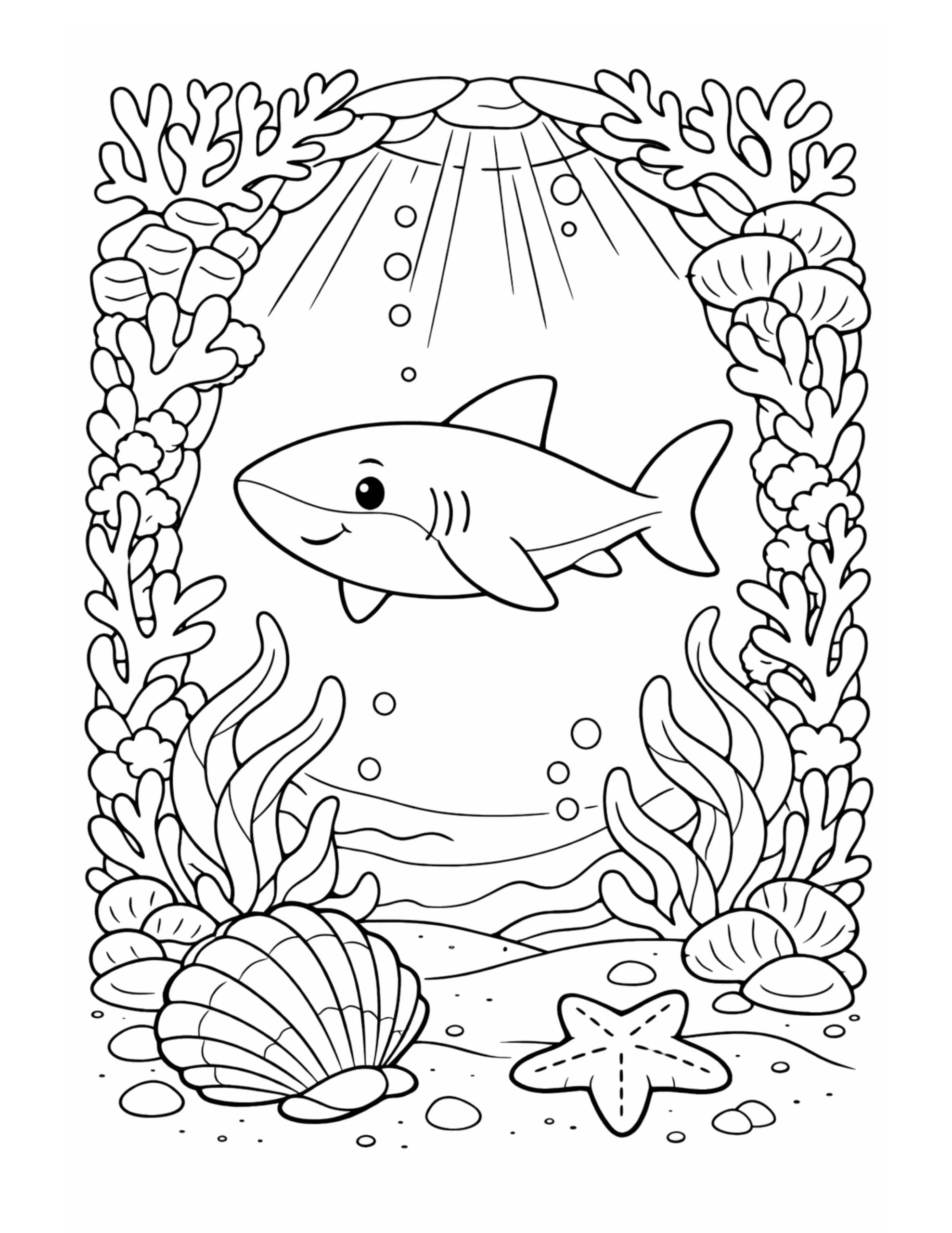 shark swimming under sun rays coloring page framed by coral, seaweed, shells, and a starfish coloring page