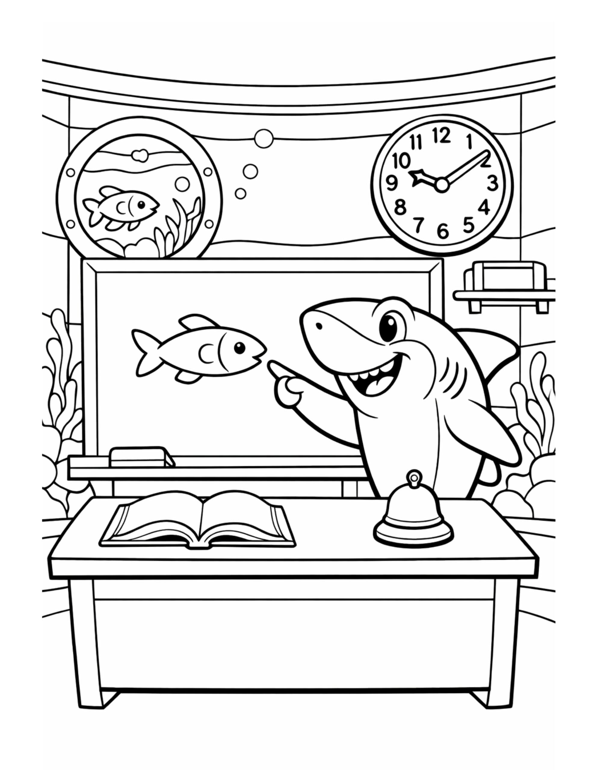 shark teaching a fish lesson coloring page with a smiling shark pointing at a fish on a classroom board coloring page