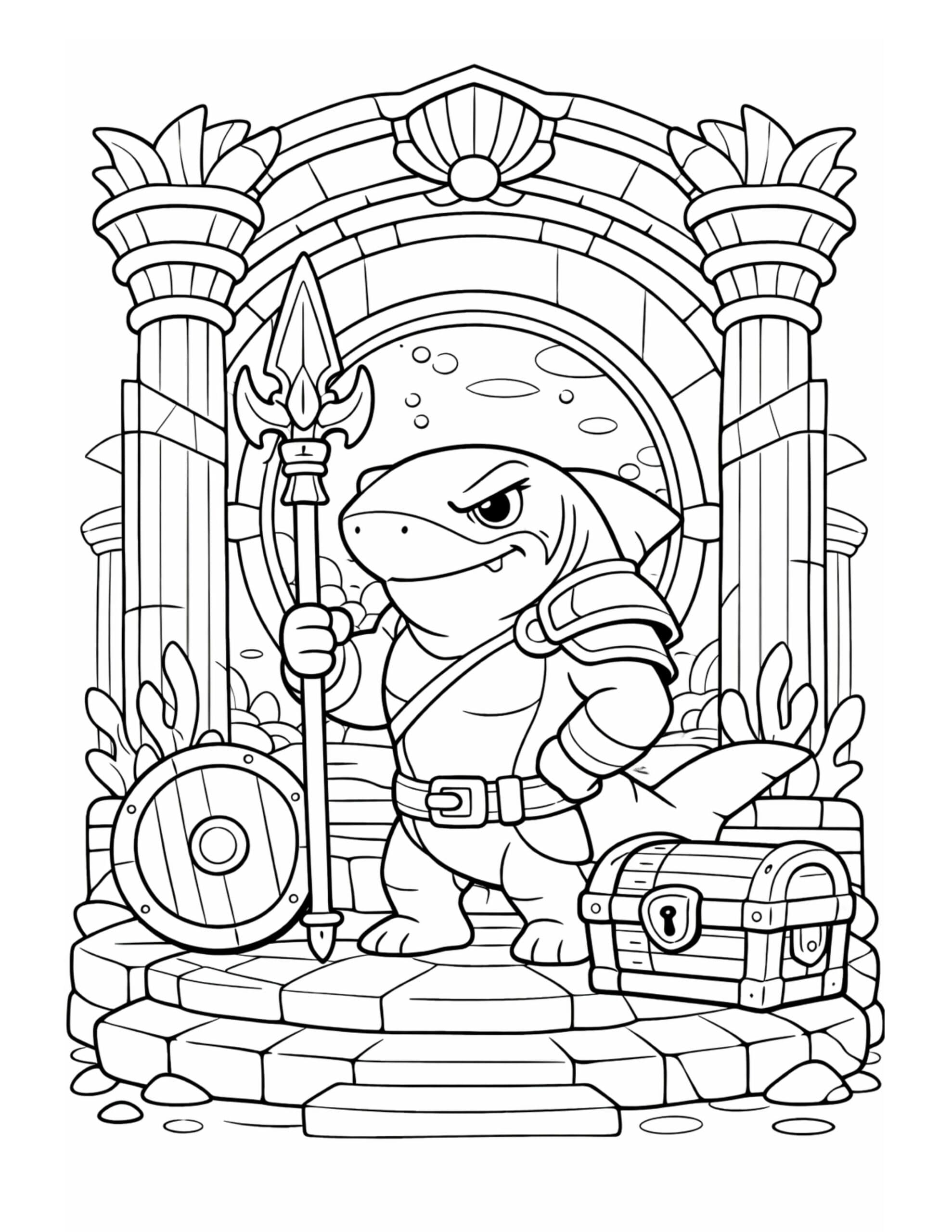 shark warrior guarding treasure chest coloring page with a spear, shield, and underwater ruins coloring page