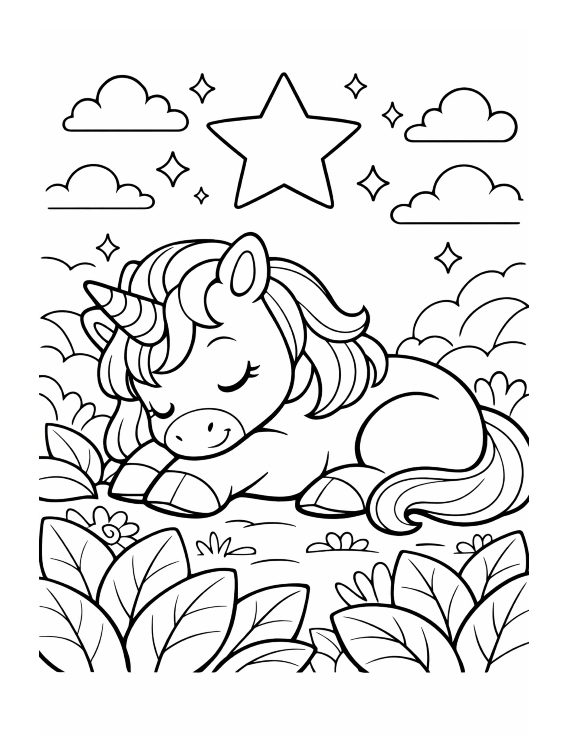 sleeping unicorn under a star coloring page with a peaceful unicorn resting among clouds and leaves coloring page