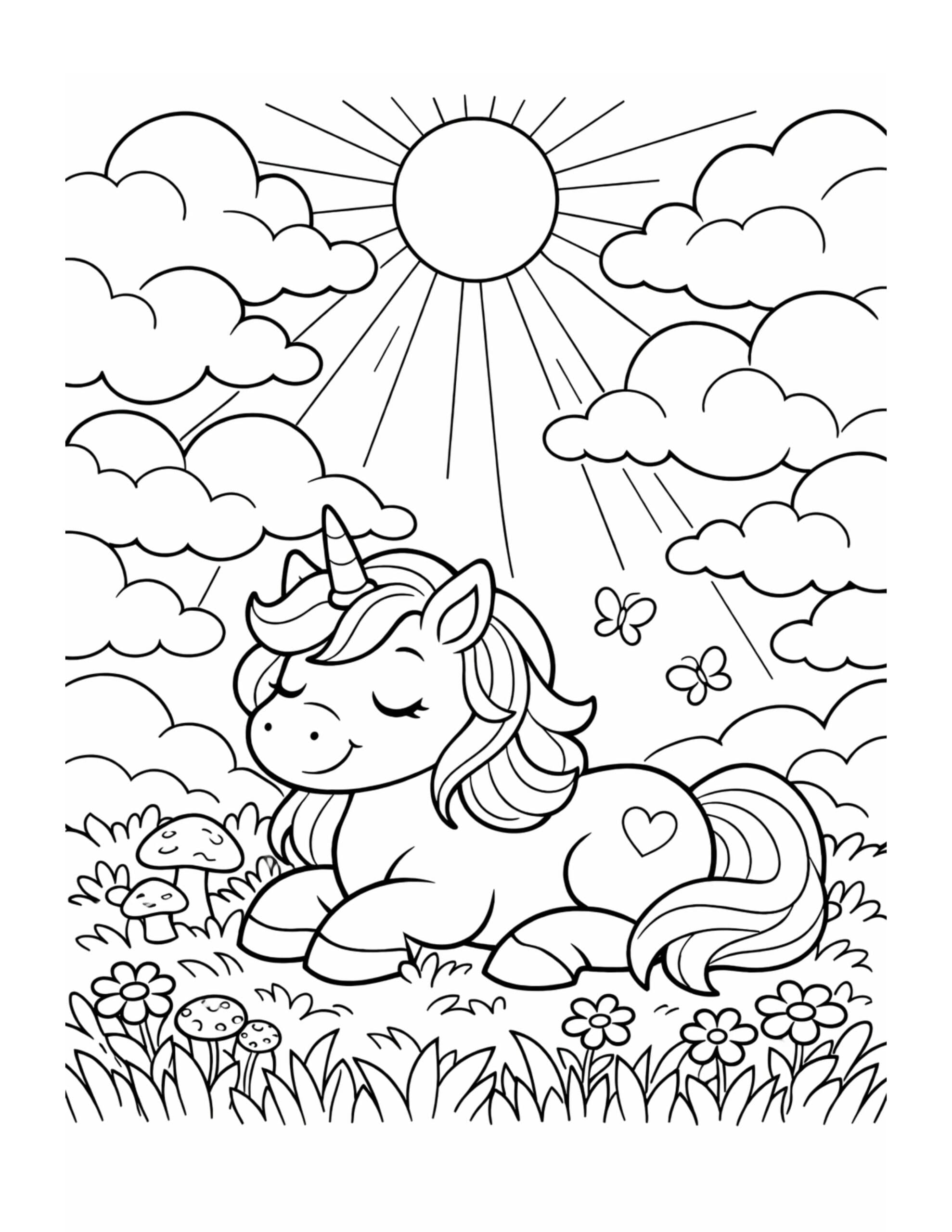 sleepy unicorn under sunny clouds coloring page with sun rays, butterflies, flowers, and mushrooms coloring page