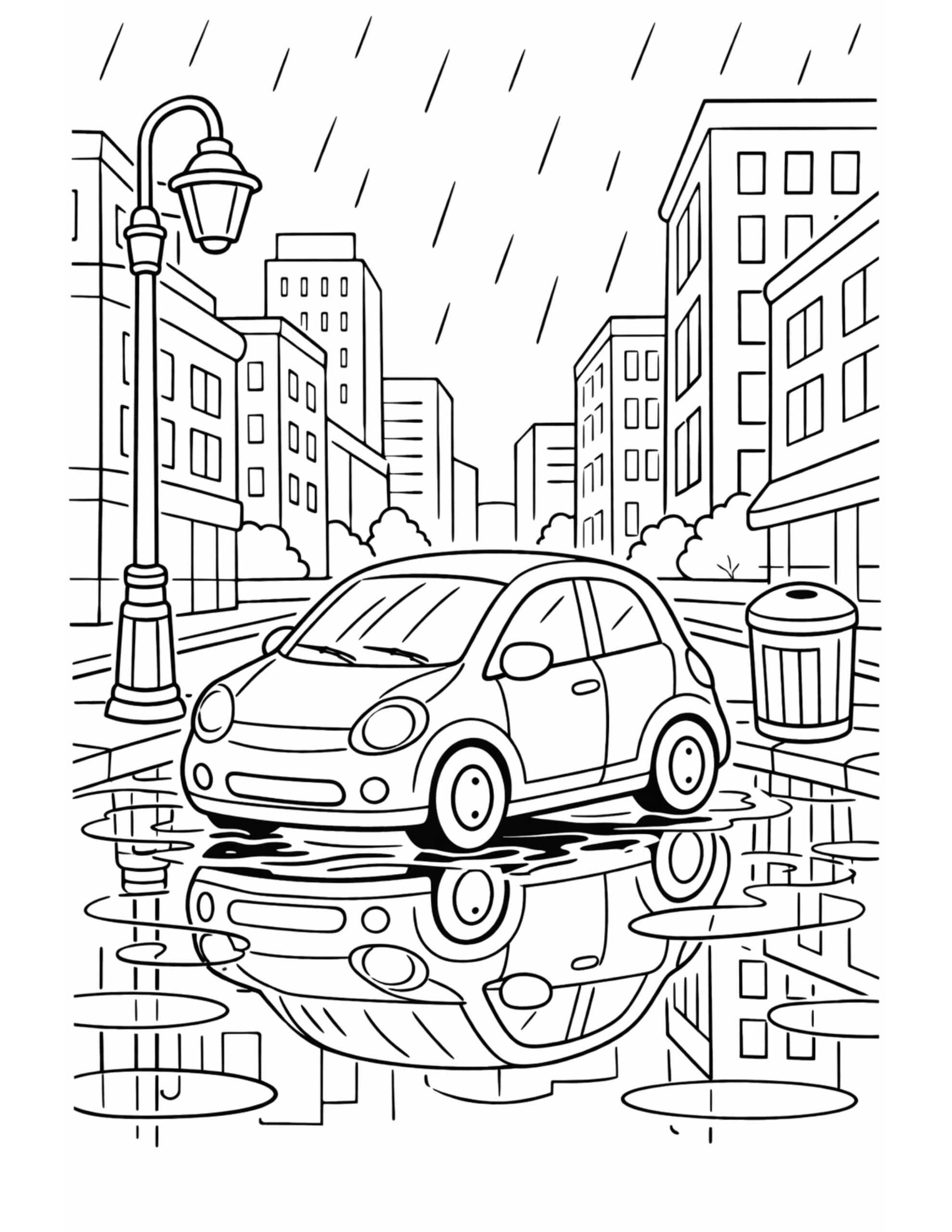 small car driving rainy city coloring page with puddle reflections, buildings, and falling rain coloring page