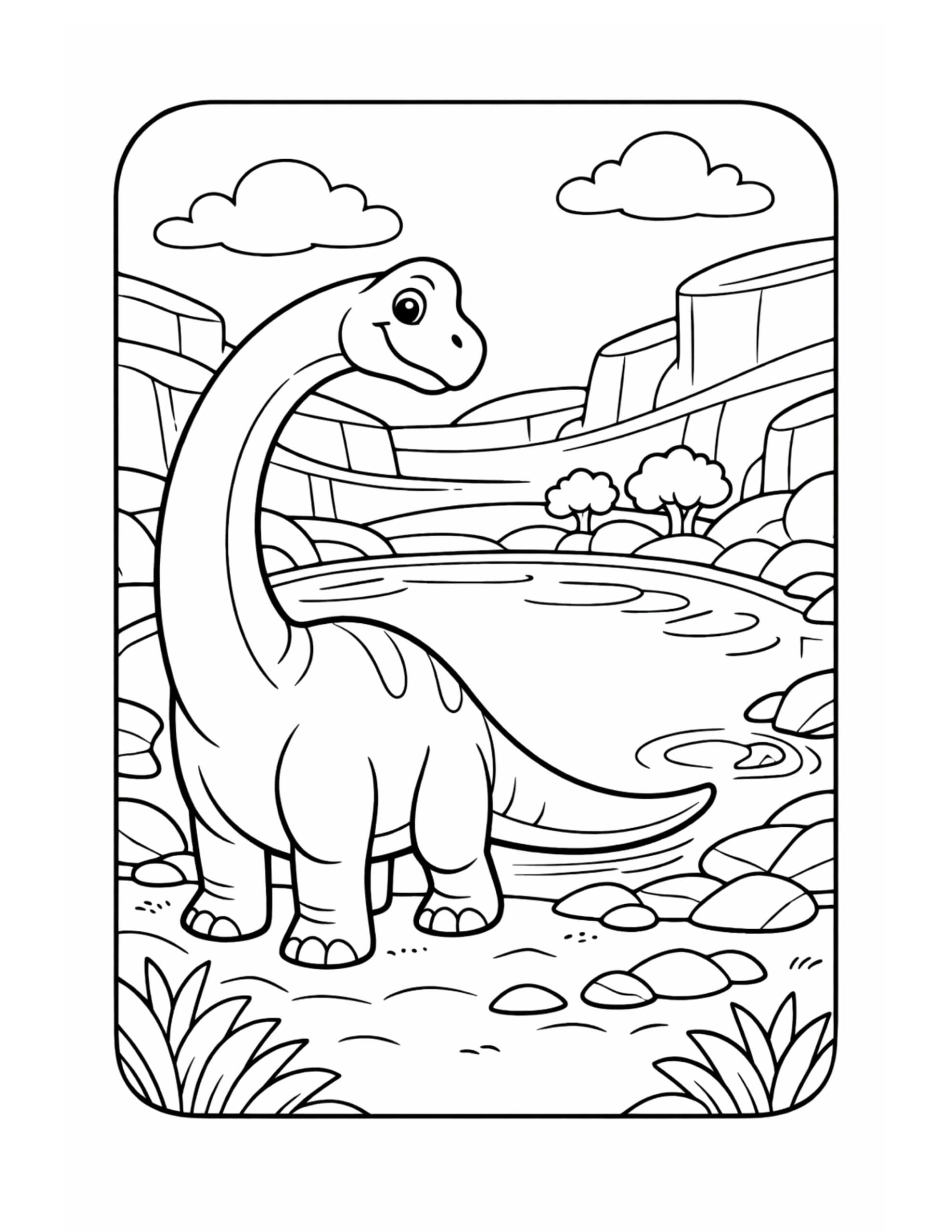 smiling dinosaur beside a river coloring page with a cute long neck dinosaur in a canyon landscape coloring page