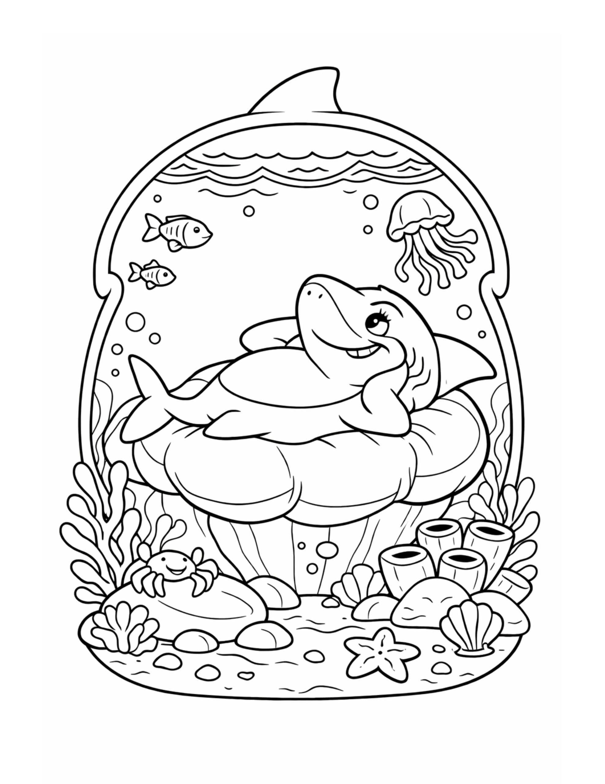 smiling shark resting on coral coloring page with a relaxed underwater scene