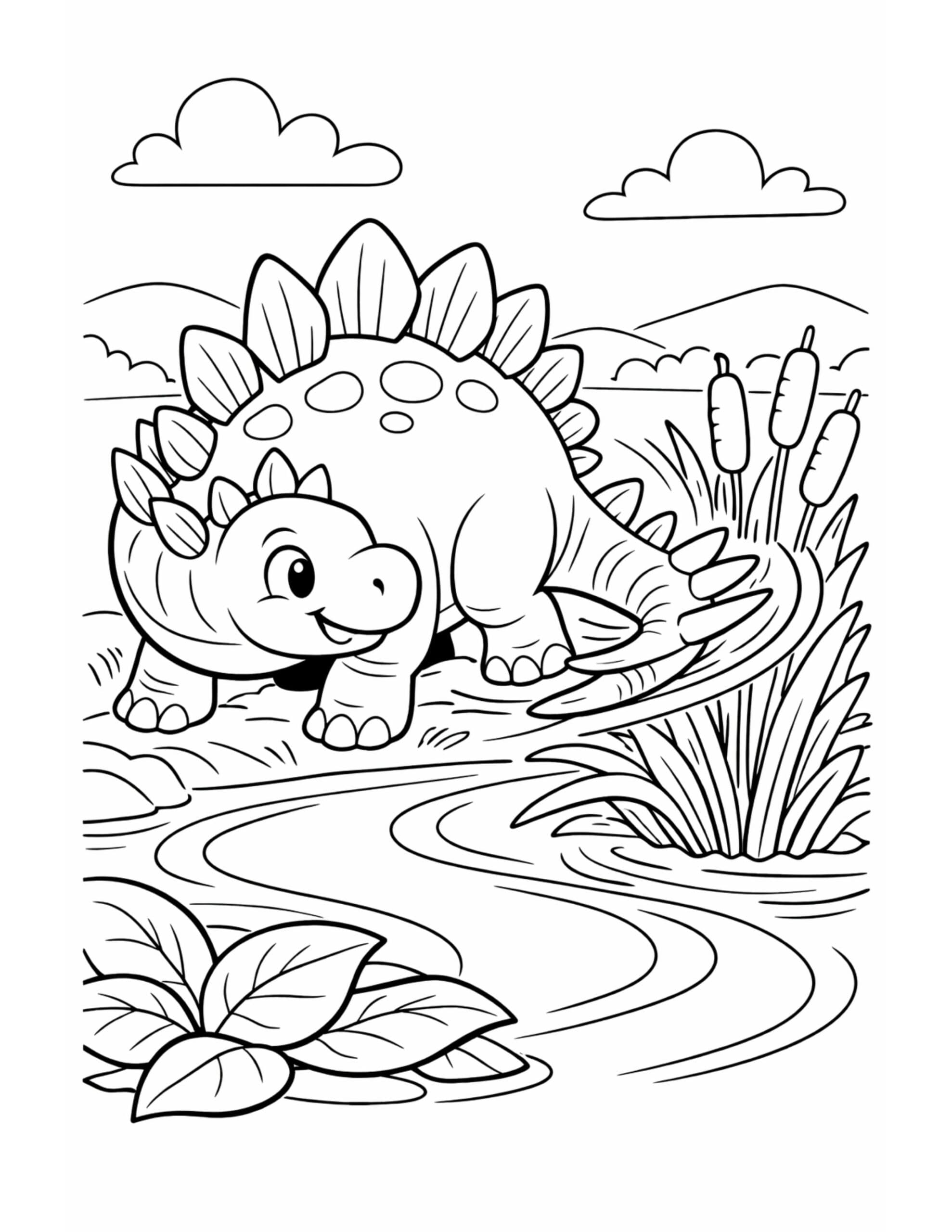 smiling stegosaurus by a stream coloring page showing a friendly dinosaur near flowing water and tall plants coloring page