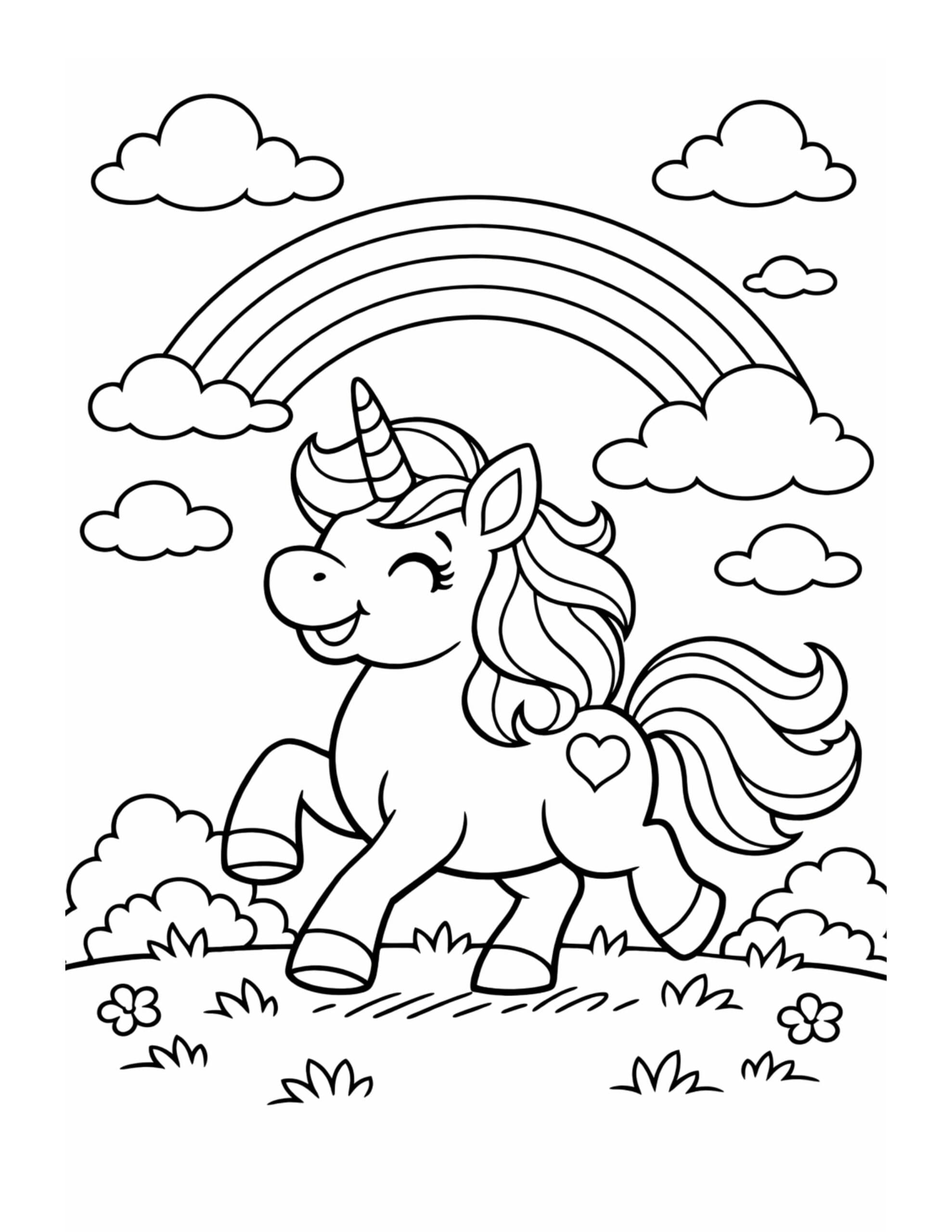 smiling unicorn under a rainbow coloring page with clouds and a happy unicorn in a simple magical scene