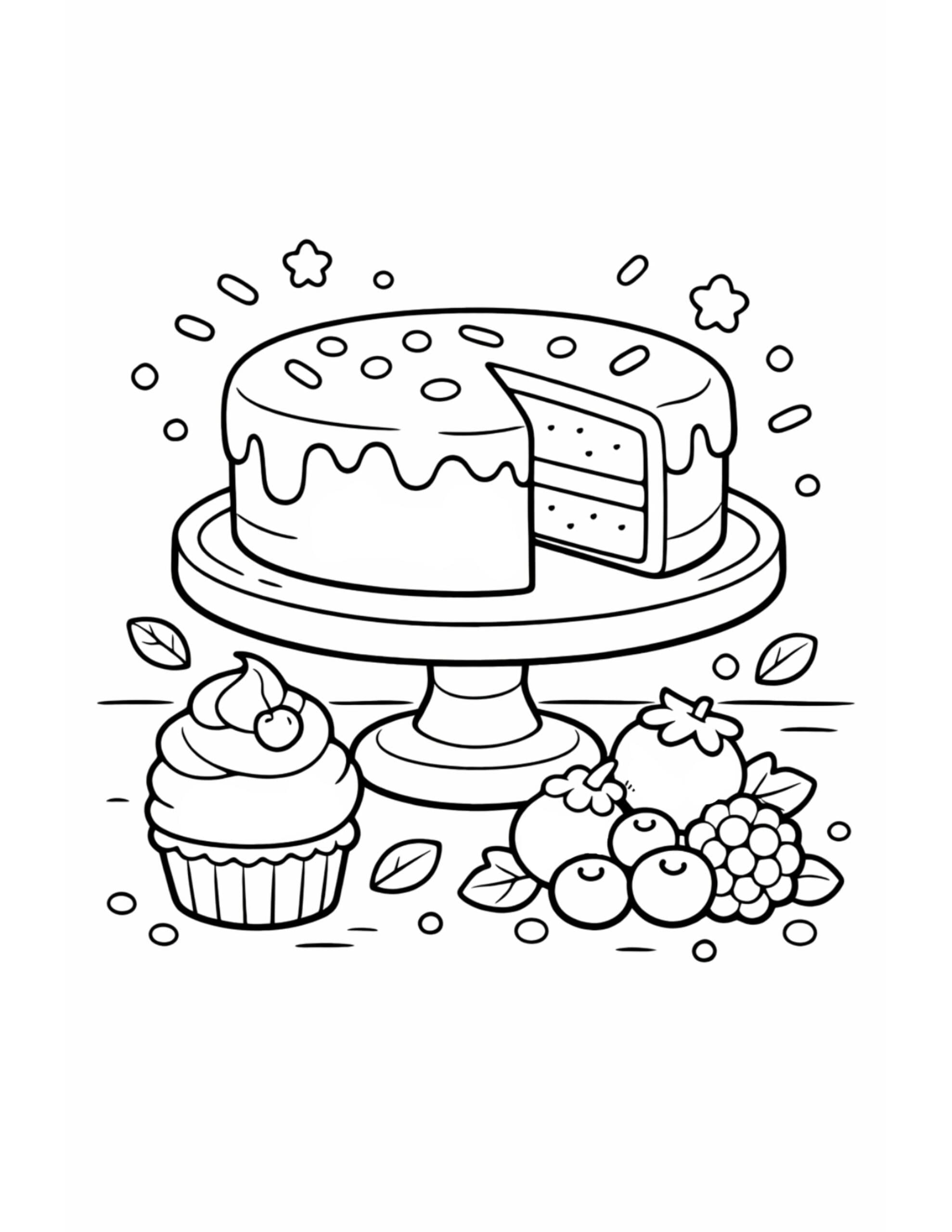 sprinkle cake slice on stand coloring page with a frosted cake on a pedestal plus cupcake and berries coloring page