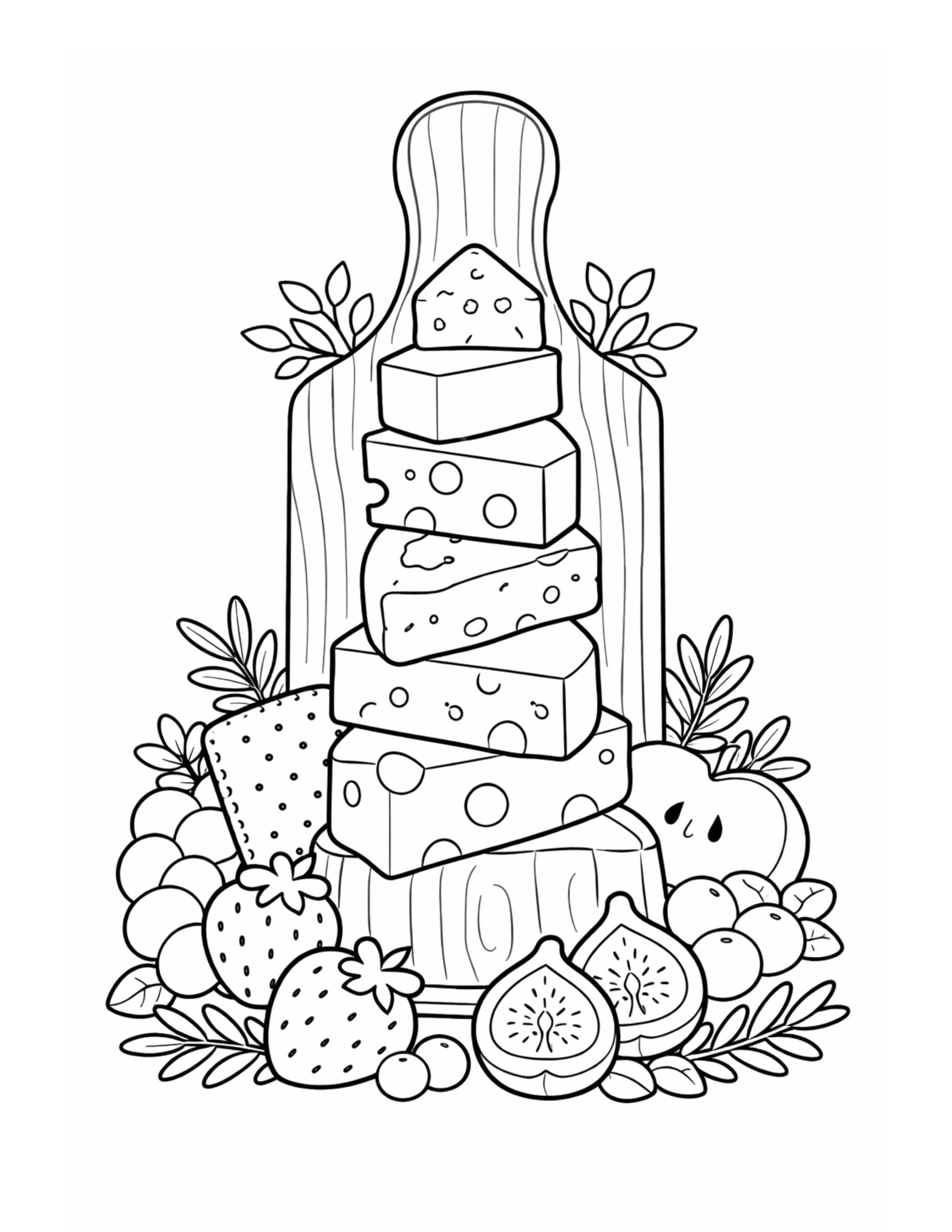 stacked cheese board with fruit coloring page featuring layered cheese blocks, figs, strawberries, and leaves coloring page