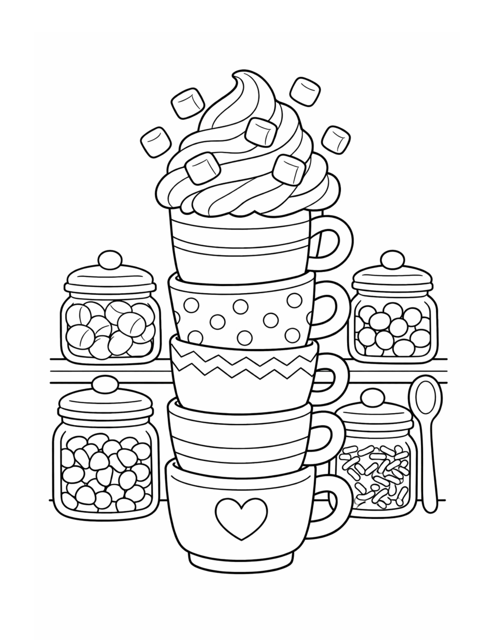 stacked mugs with marshmallows coloring page showing a cozy pile of cups with whipped topping