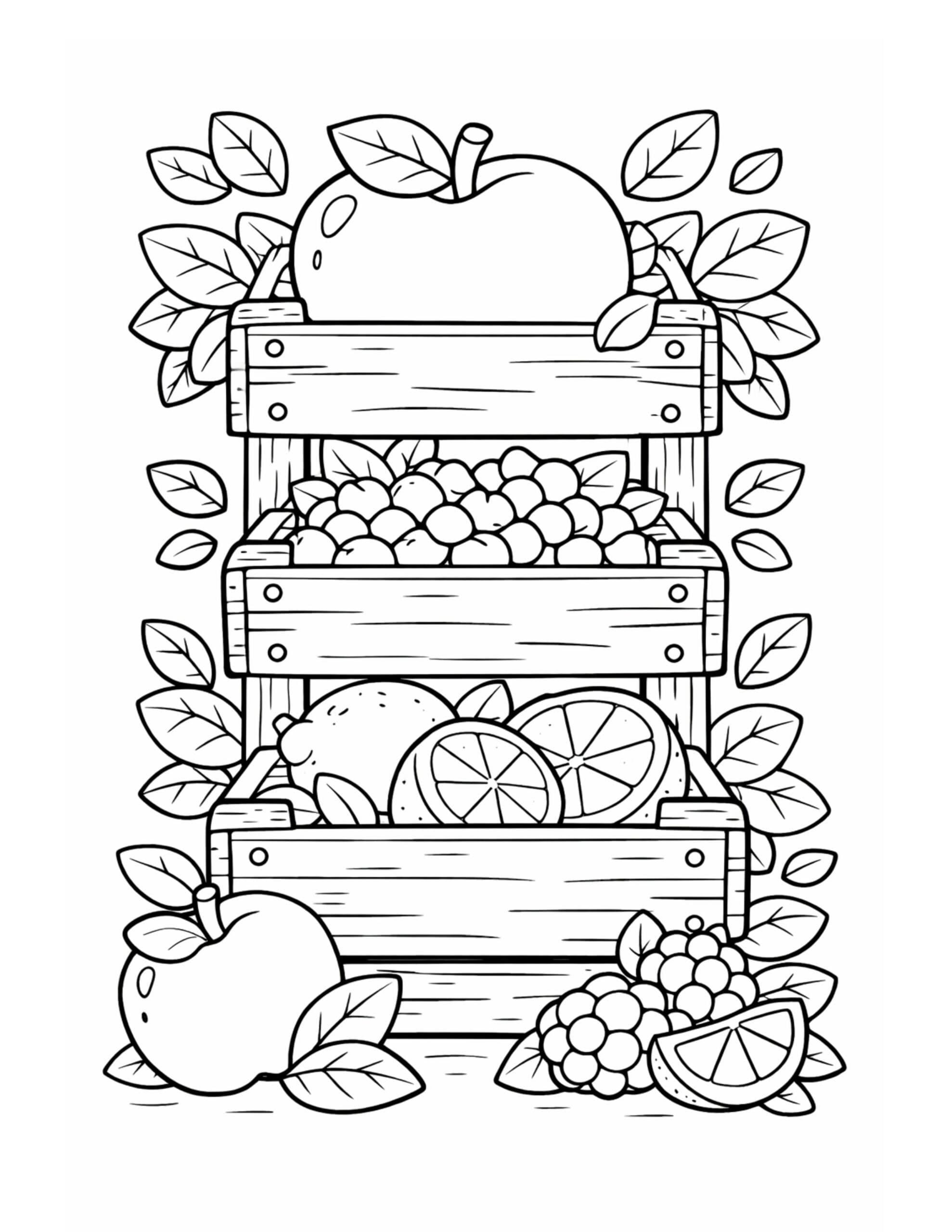 stacked wooden fruit crates coloring page with apples grapes citrus fruits and leafy details coloring page