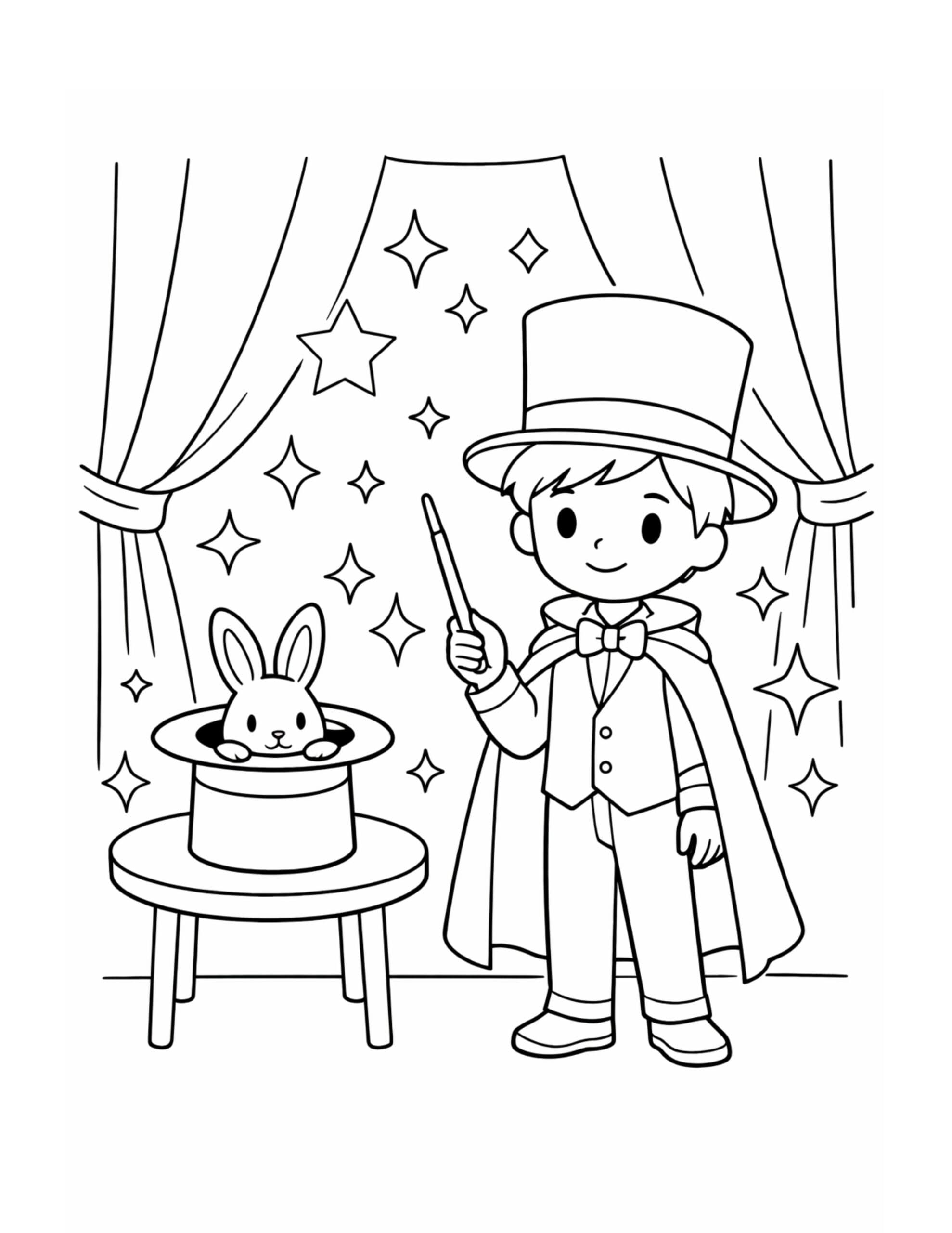 stage magician with rabbit hat coloring page showing a kid with a wand, cape, and bunny on a table