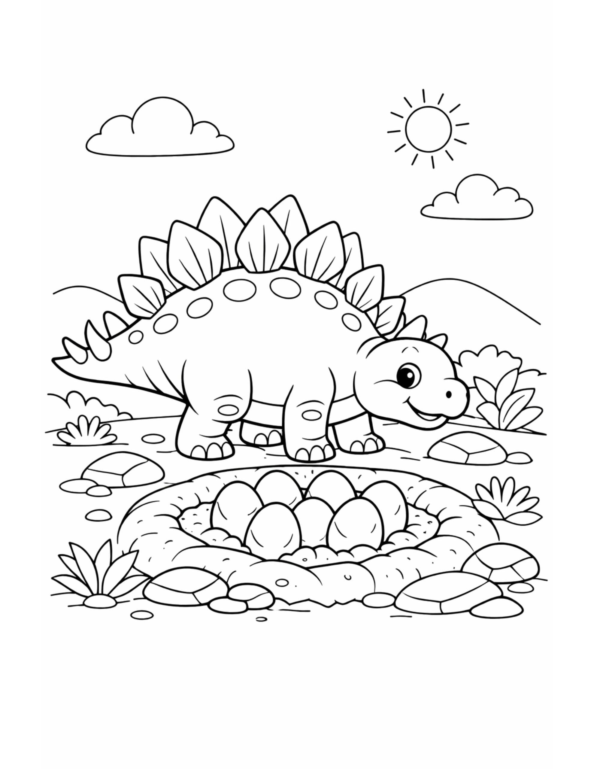 stegosaurus watching egg nest coloring page featuring a smiling stegosaurus beside a round nest of eggs coloring page