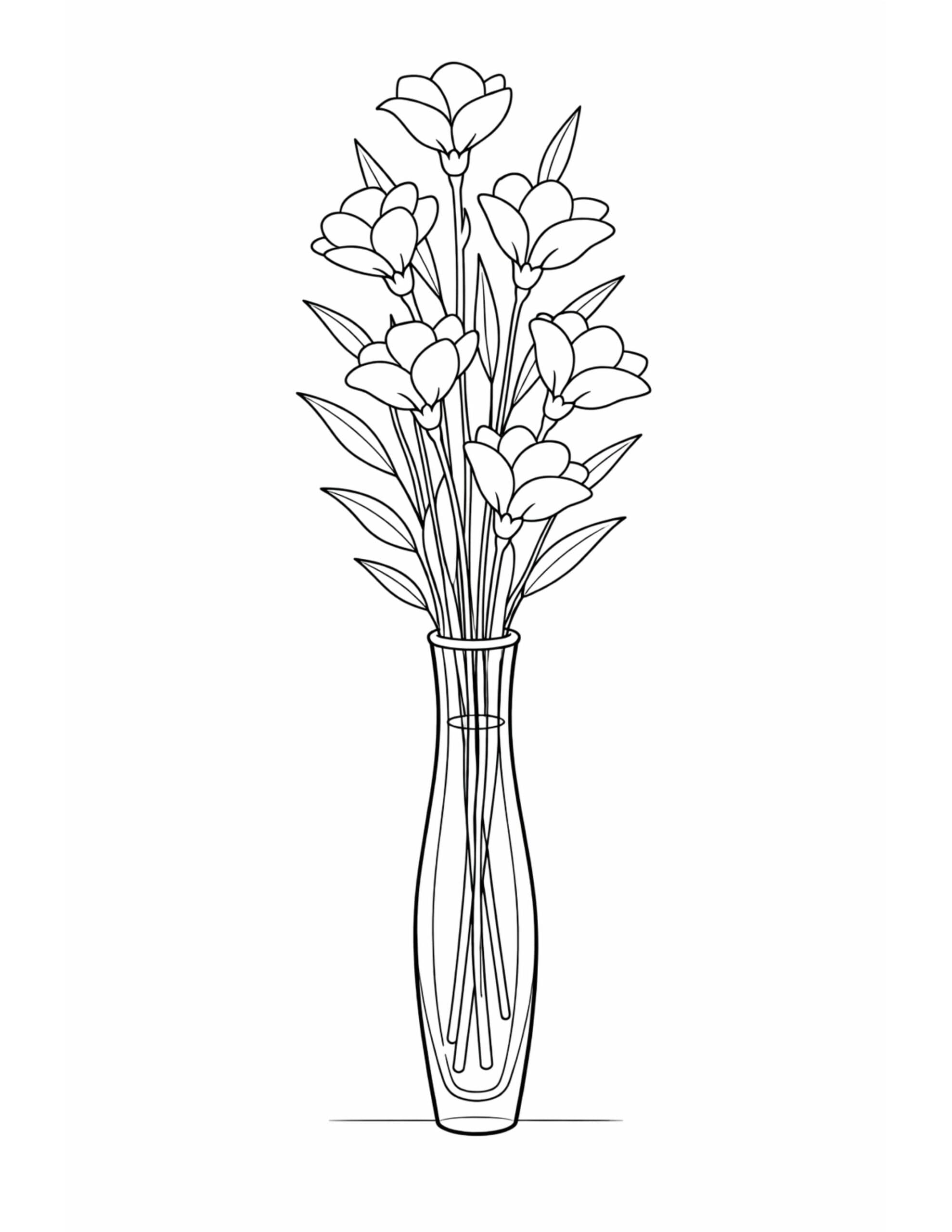 tall vase flower arrangement coloring page showing long stems, layered blossoms, and a slim glass vase coloring page