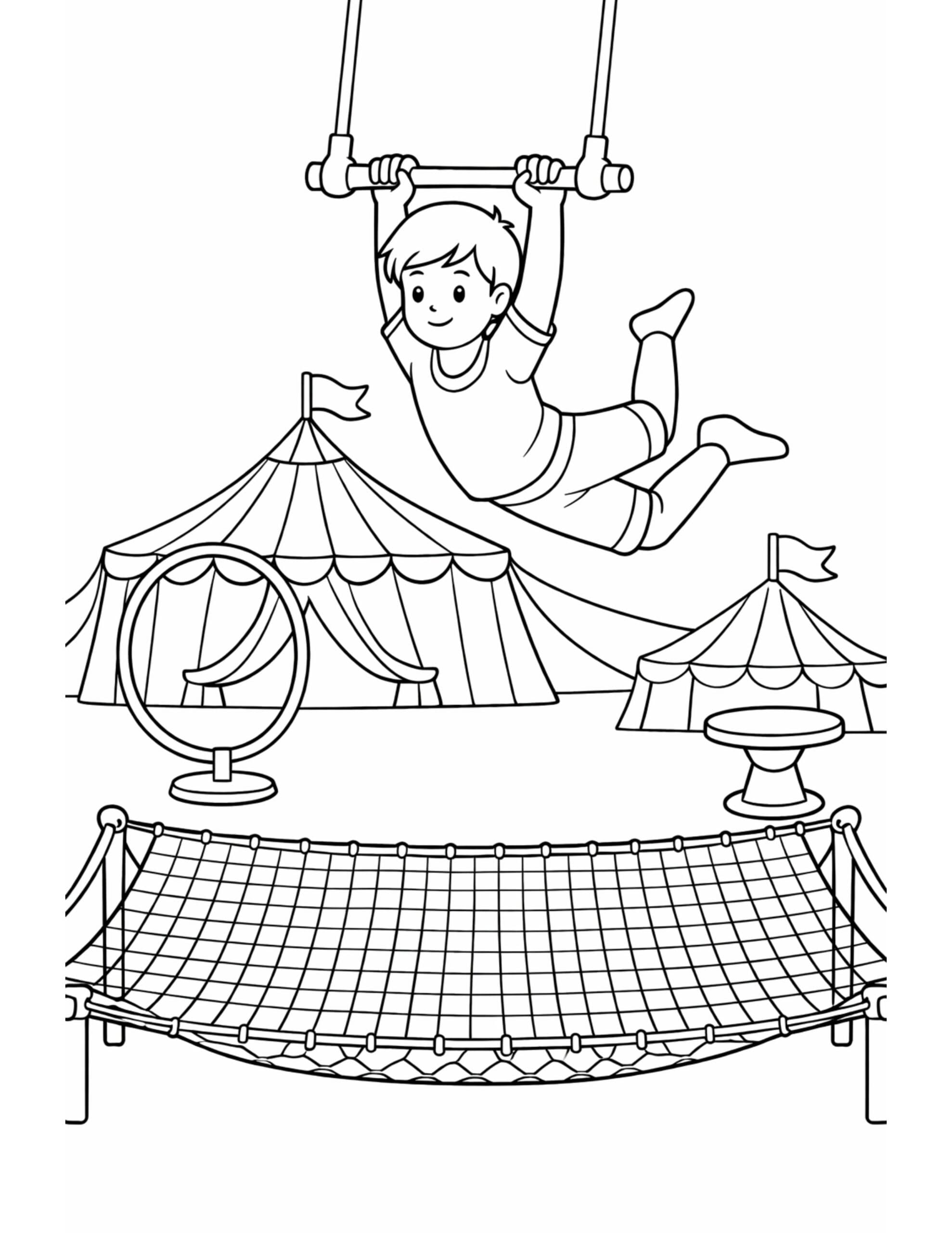 trapeze artist above safety net coloring page showing a kid swinging over circus tents and a net