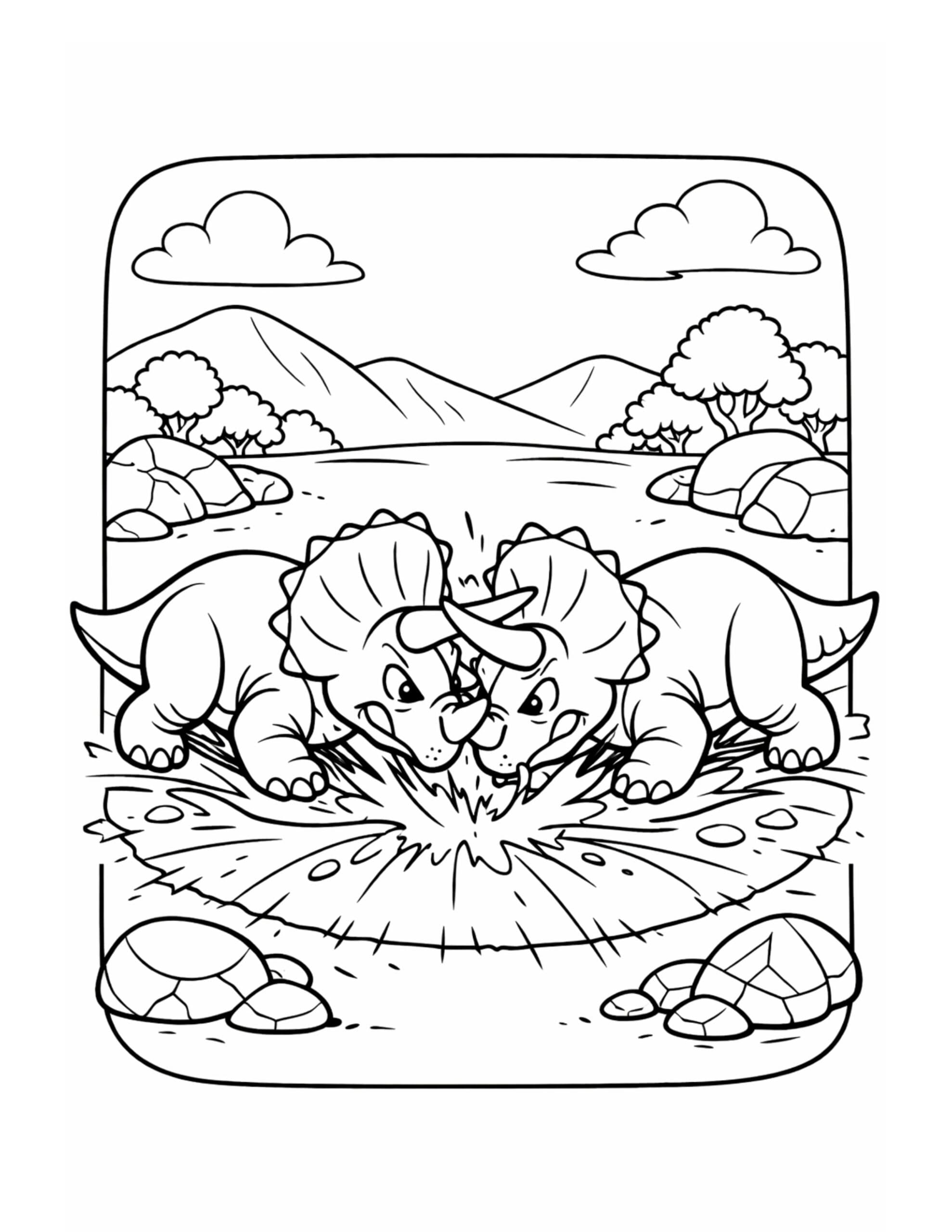 triceratops headbutting in open field coloring page with two triceratops locking horns in a grassy scene coloring page